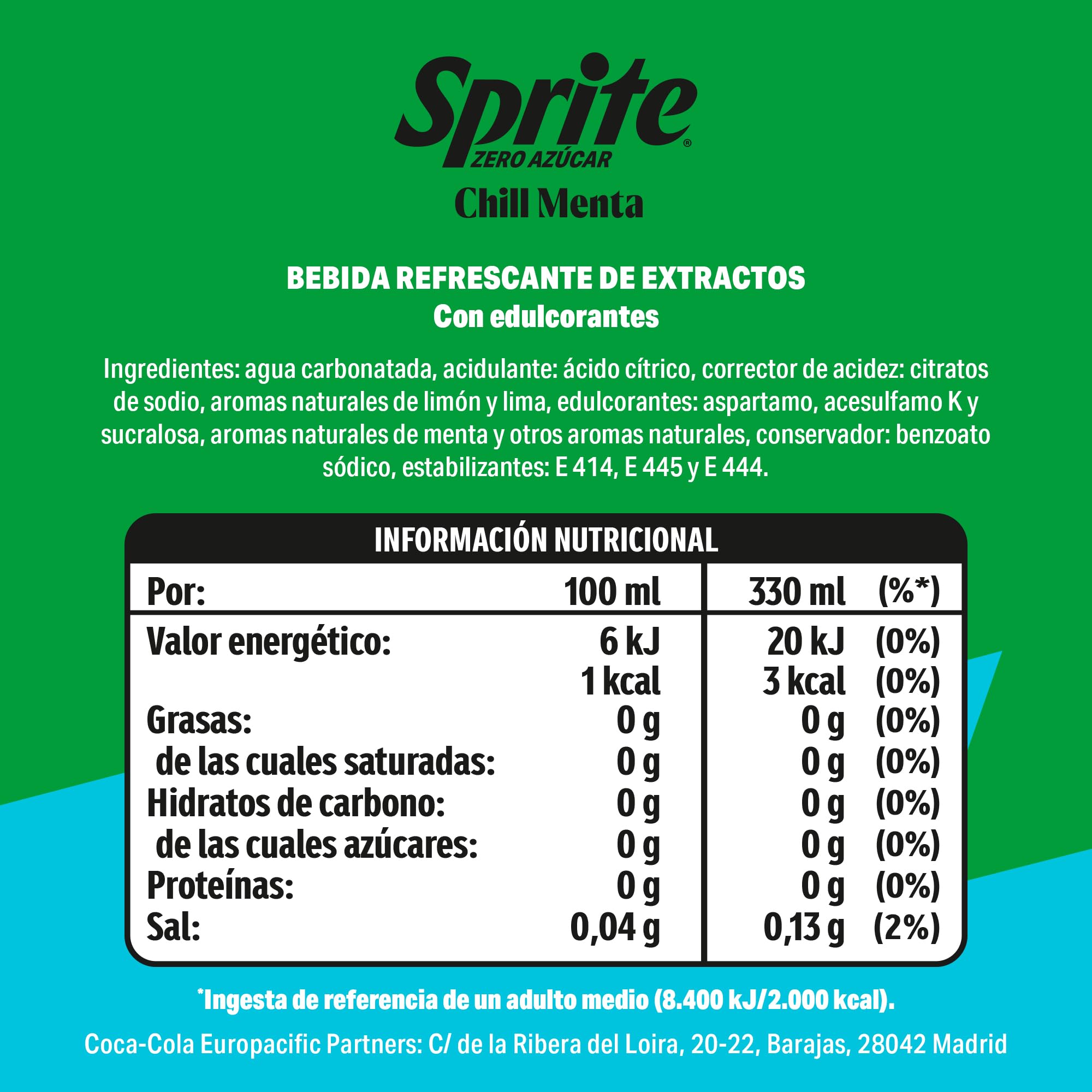 Sprite Zero Chill Mint, Refresco de Lima Limón sin Azúcar con Toque de Menta, Bebida Refrescante- Lata 330 ml