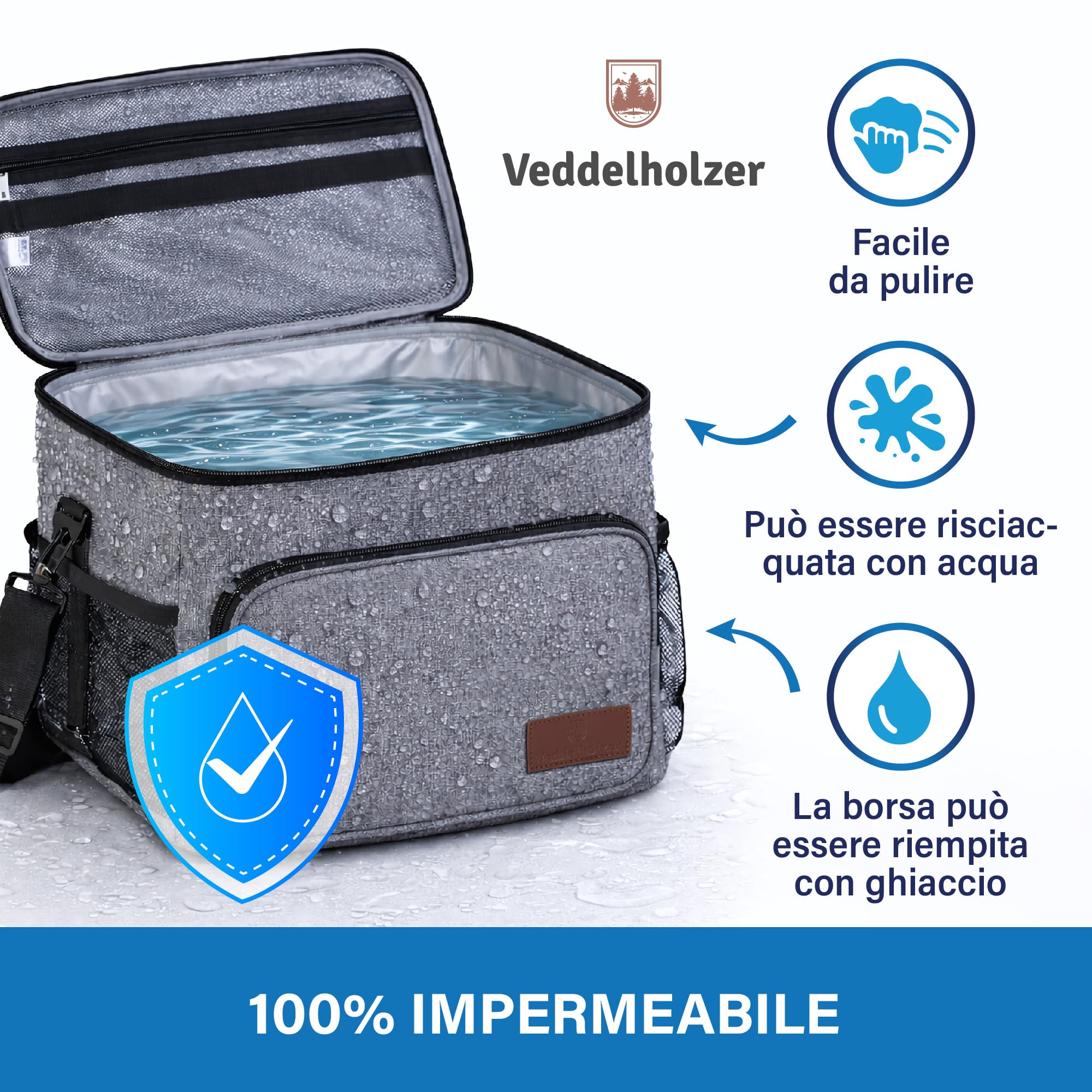Veddelholzer XXL Borsa termica da 30 litri Borsa da picnic con tracolla Borsa termica e contenitore per il pranzo isolati e pieghevoli, borsa da trasporto per picnic, spiaggia e campeggio