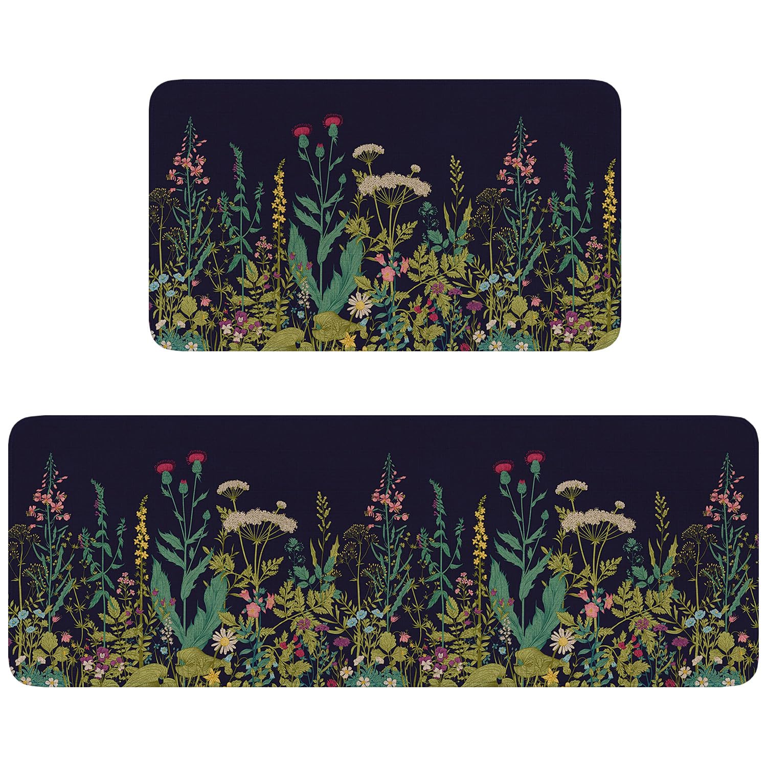 Eikunn Farmhouse Kitchen Rugs Set of 2, Weeds Floral Wildflower Kitchen Mats for Floor,Non-Slip Sink Mat Spring Kitchen Decor Doormat+Runner Rug