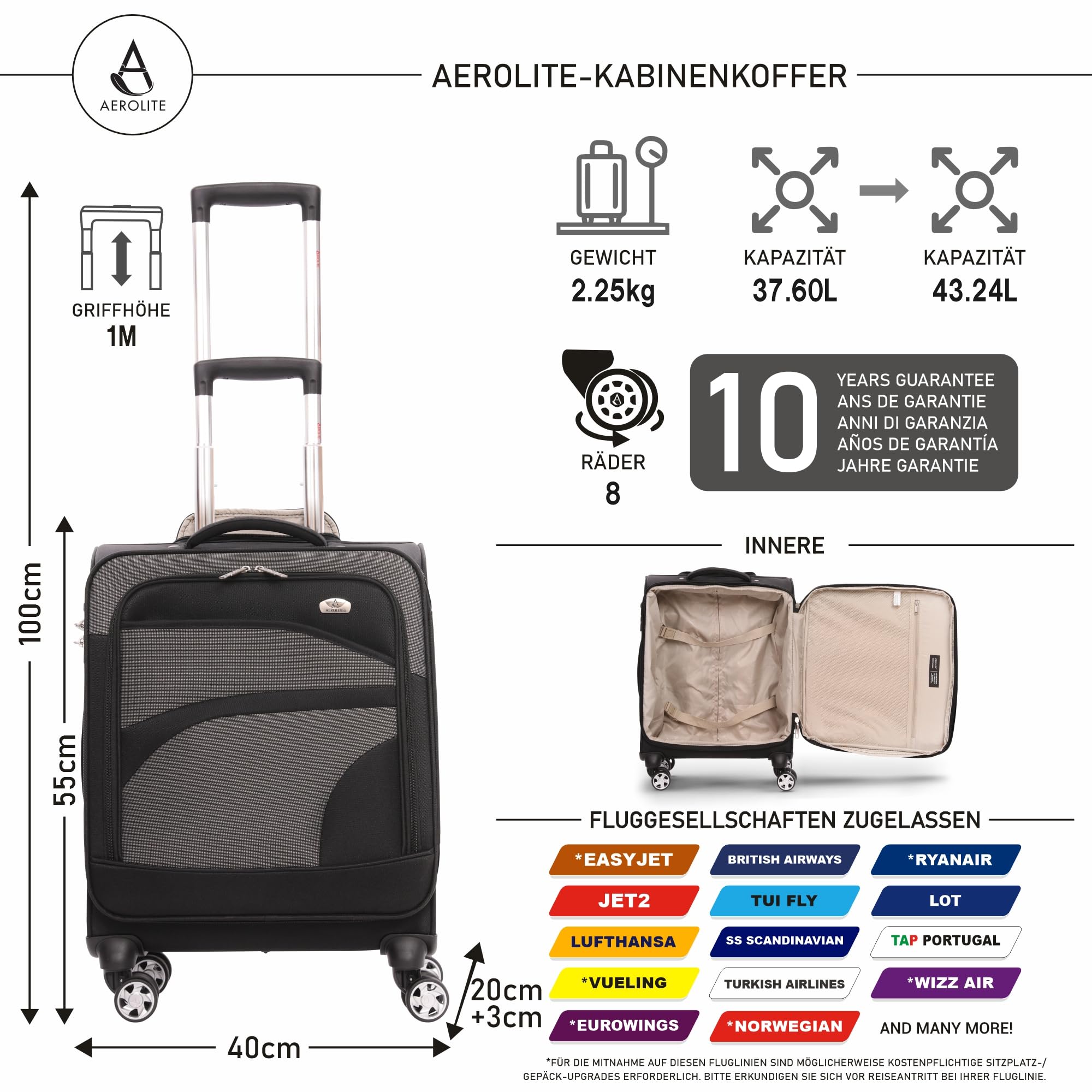 Aerolite Erweiterbar 55x40x20 bis 55x40x23 Handgepäck Koffer, 4 Rollen