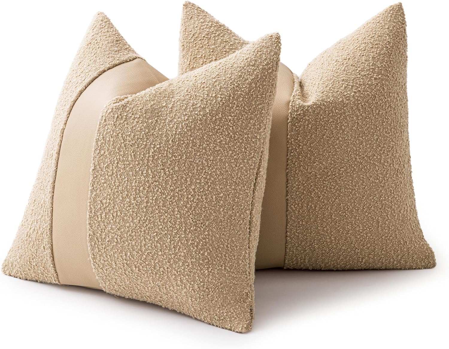 20"x20" Khaki Boucle Throw Pillow Covers with Faux Leather Accents Set of 2 Fluffy Textured Decorative Pillow Cases for Couch Bed Boho Farmhouse Square Cushion Covers for Nordic Home Décor - Image 8