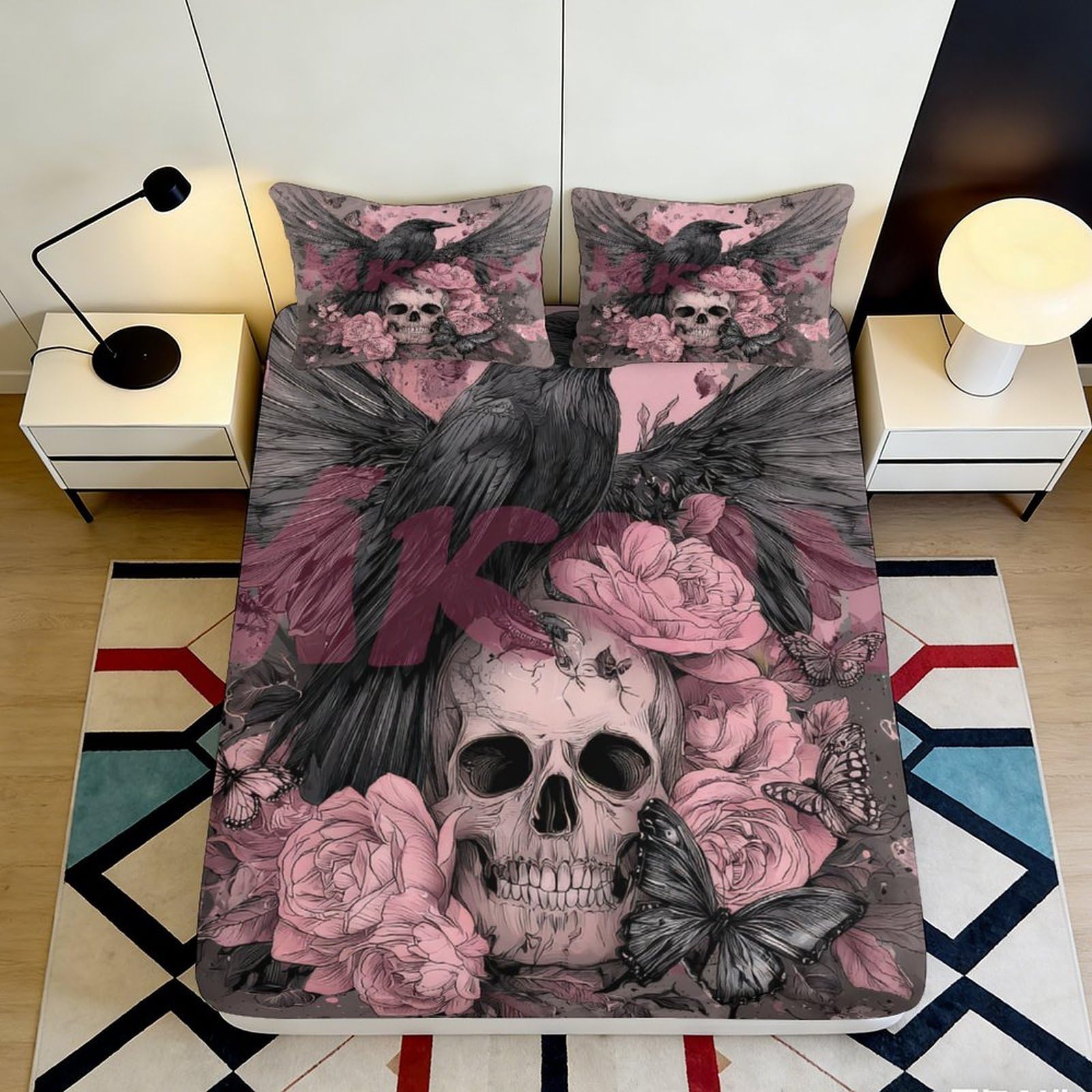 3D Printed Gothic Raven Skull Fitted Sheet Microfiber Black Pink Flowers Mattress Cover Bedroom Dorm Decor 120x200x25cm