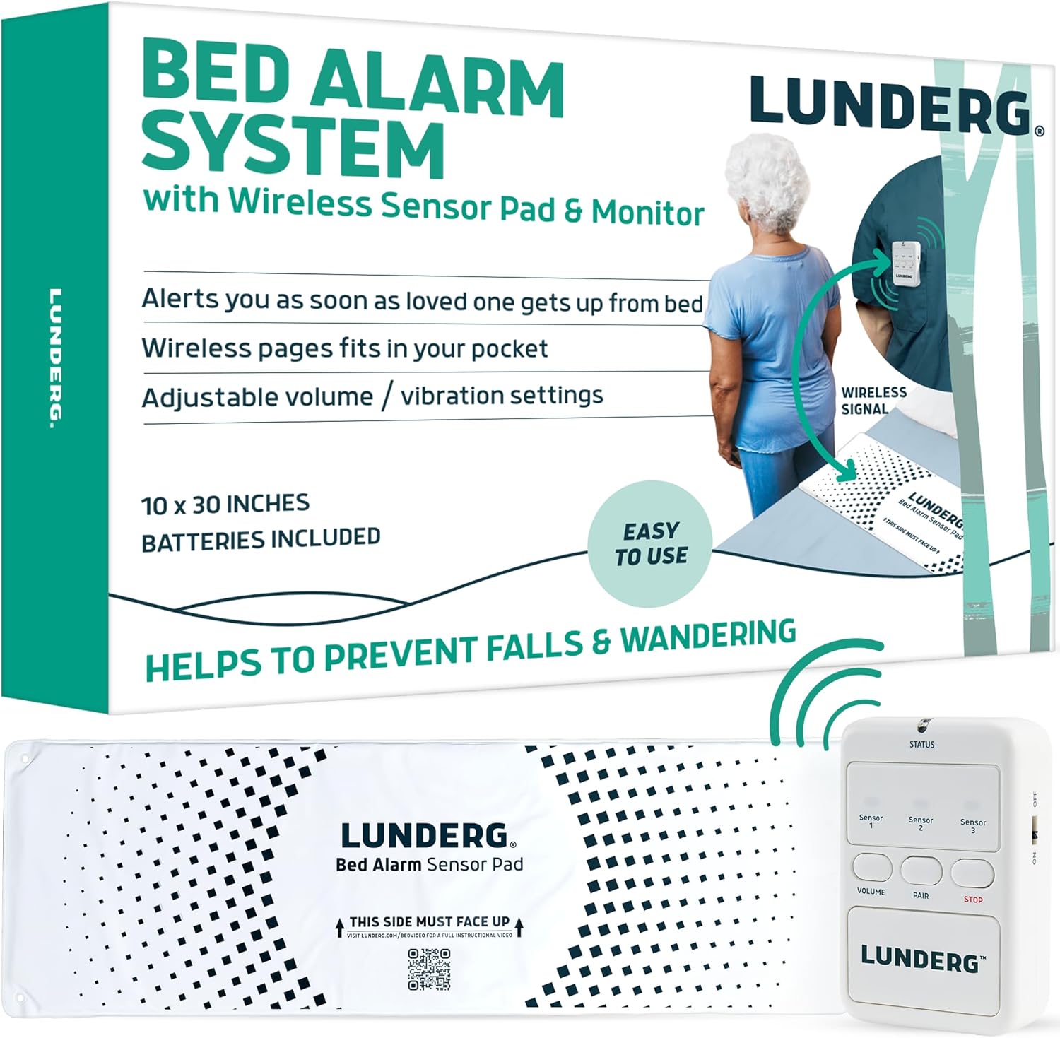 Lunderg Bed Alarm System Wireless Bed Sensor Pad (10” x 30”) & Pager