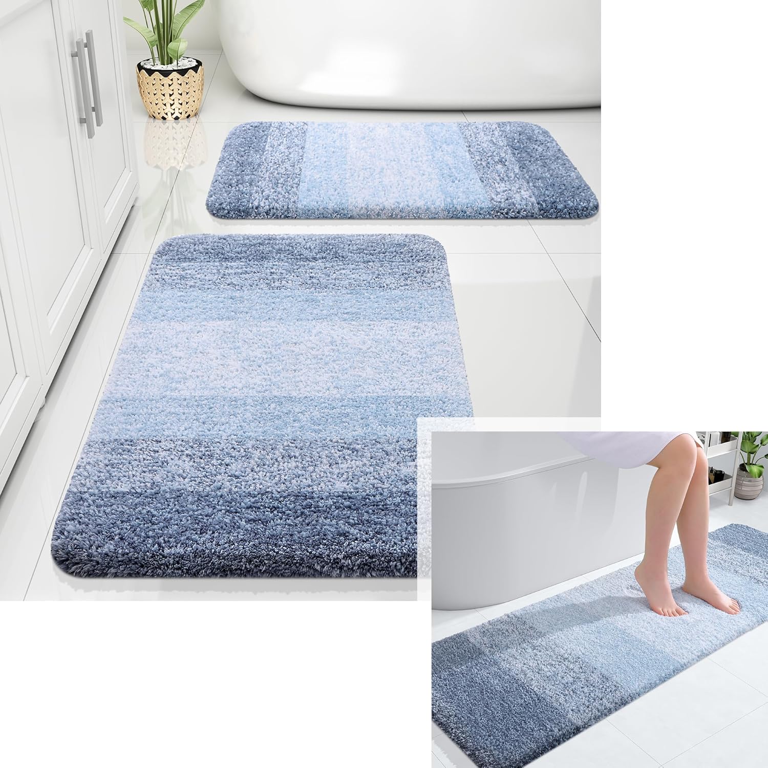 OLANLY Ombre Bath Rug and Bathroom Rugs Sets 2 Piece, Bath Rug Size 59x20 and Bathroom Rug Set Size 24x16+30x20 in Blue, 3 Item Bundle