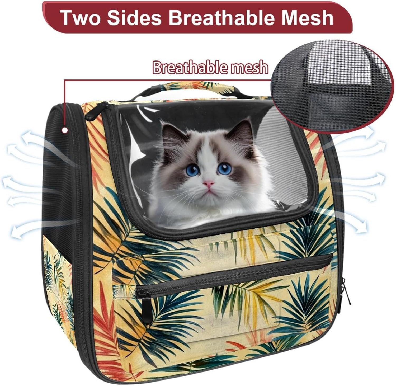 Portable Travel pet Backpack Carrier Hamster Bag Small Dog cat Carrier Breathable Hang Bag, Tropical Palm Leaves
