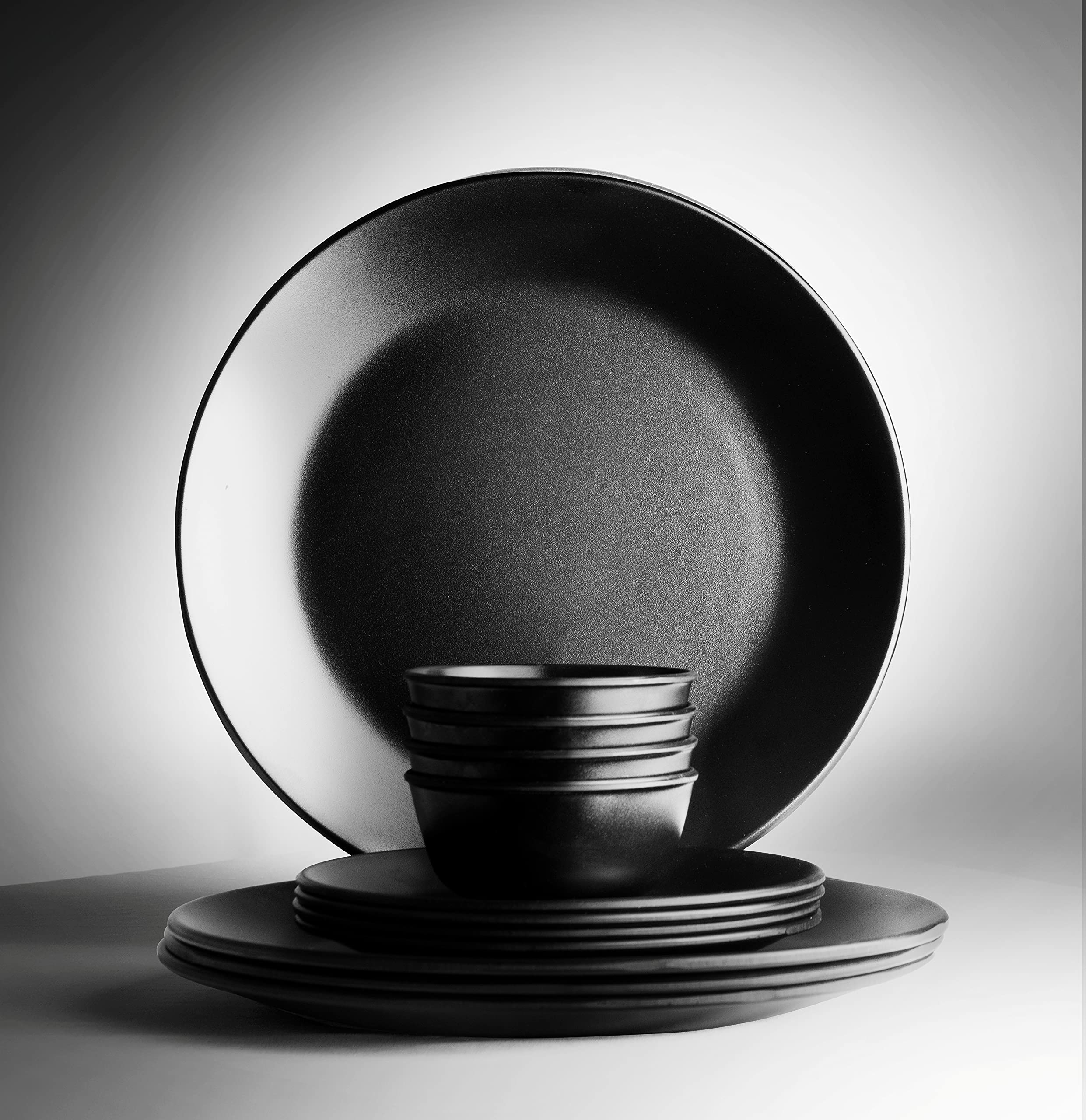 Pack of 12 Black Regular Melamine Dinner Set - Full Plate and Bowls Dinner Set -Full Plate with katoris (Regular Black Design).