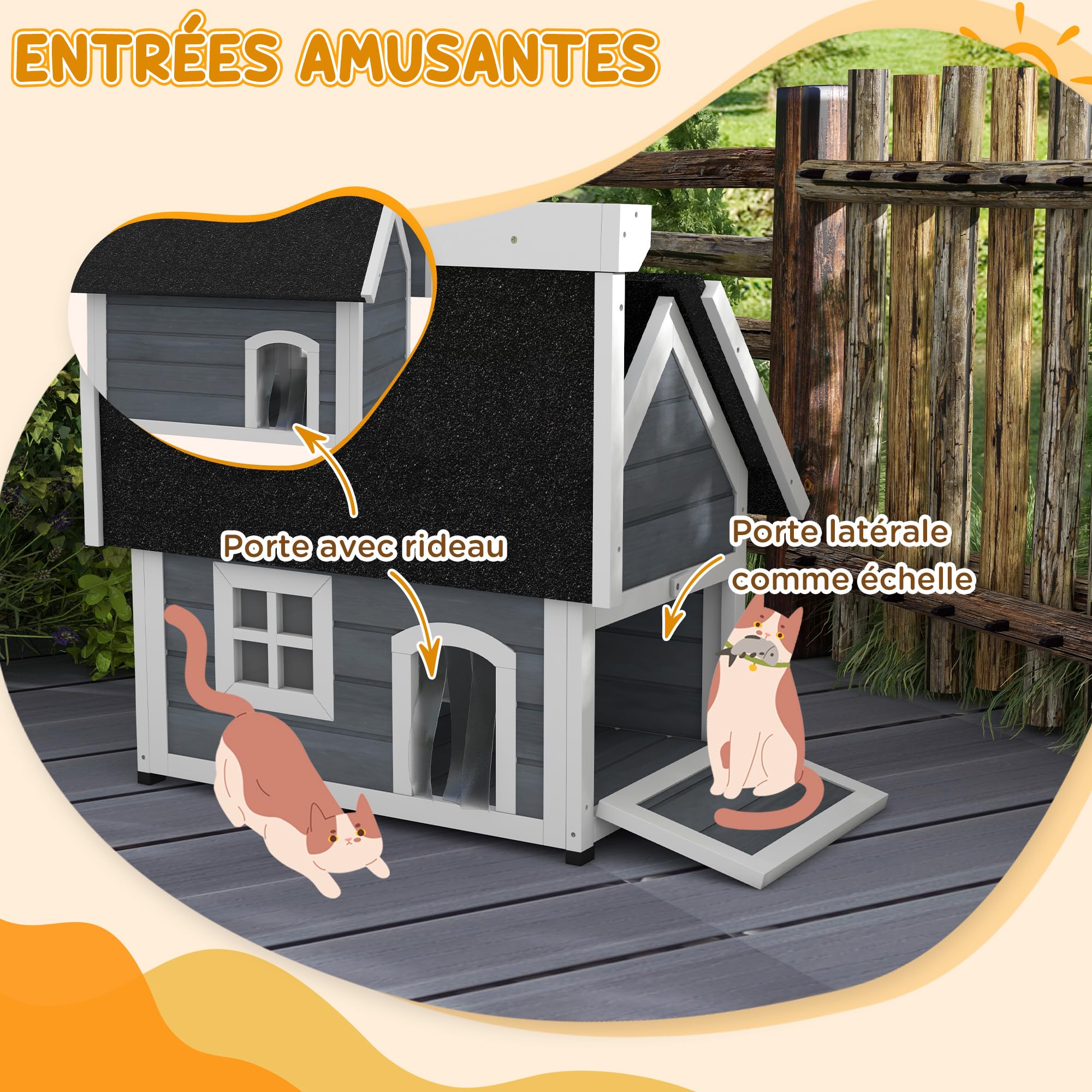PawHut Maison pour Chat en Bois, Niche pour Chat, fenêtre en plexiglas, Porte à lamelles, Toit bitumé ouvrable et 3 Portes, Pieds en Plastique, 77 x 57,5 x 68 cm, Gris