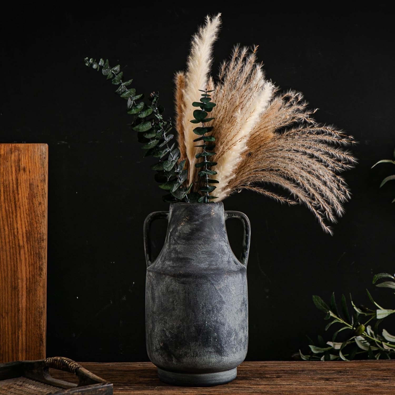 Tenoclock Ceramic Flower Vase with Handles, 11 inch Tall Vase for Centerpieces, Large Decorative Terracotta Vases, Farmhouse Rustic Vases for Home Decor, Living Room, Table, Neutral(Black-L-1622)