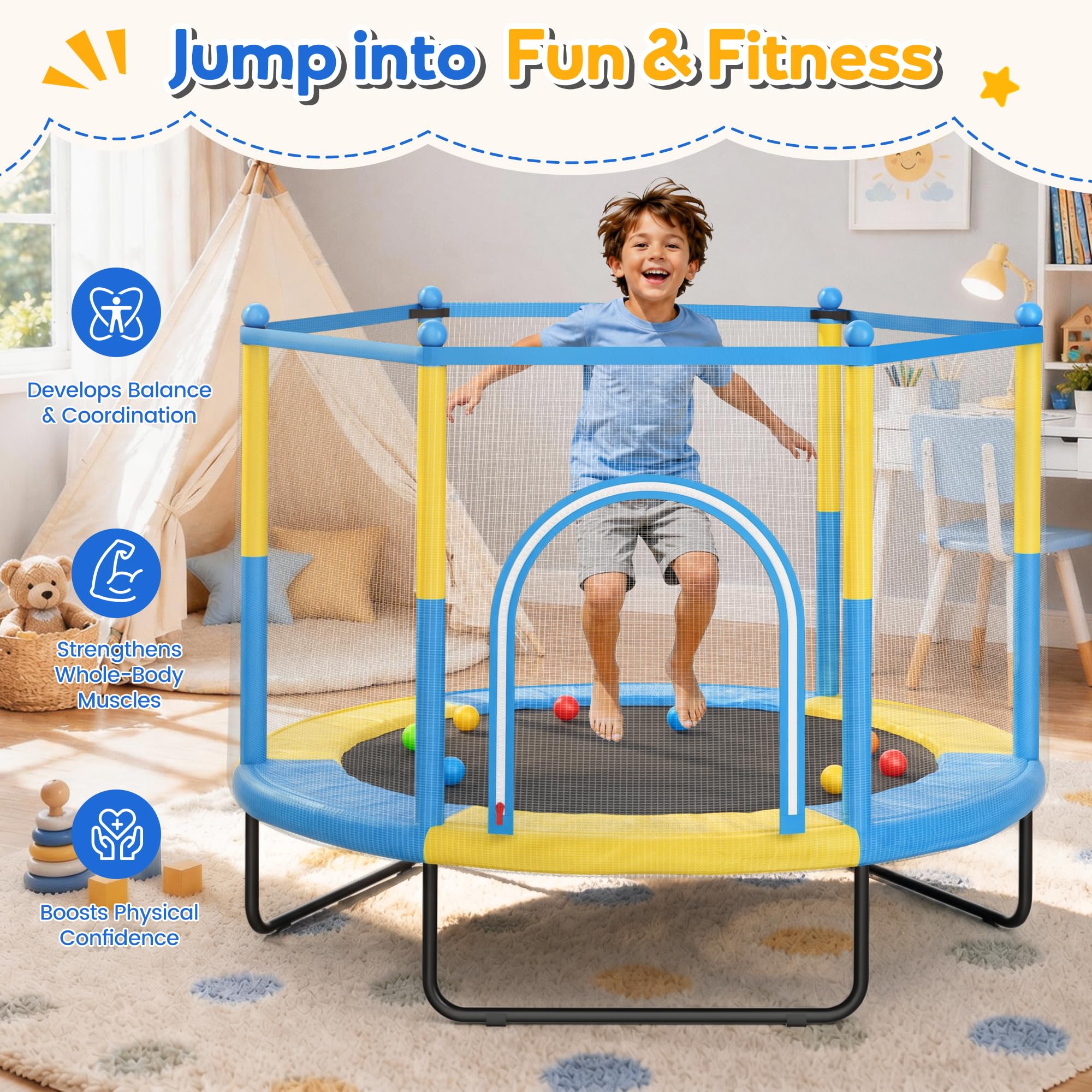 ROPODA Trampolino per bambini per interni ed esterni con rete di sicurezza, cestino da basket e robusto tappeto per saltare