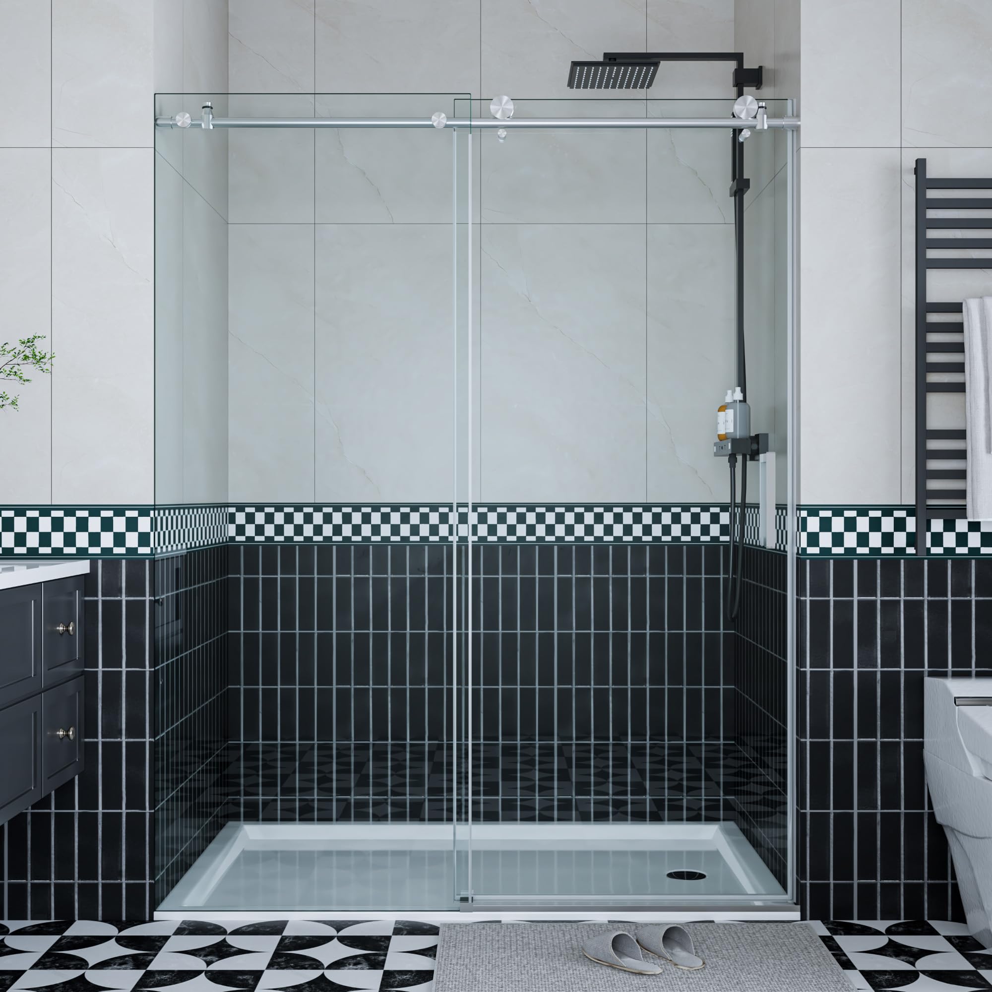 Frameless Shower Doors 56-60" W x 76" H, Sliding Door, 5/16" (8mm) Clear Tempered Glass, Space-Saving Design for Modern Bathrooms
