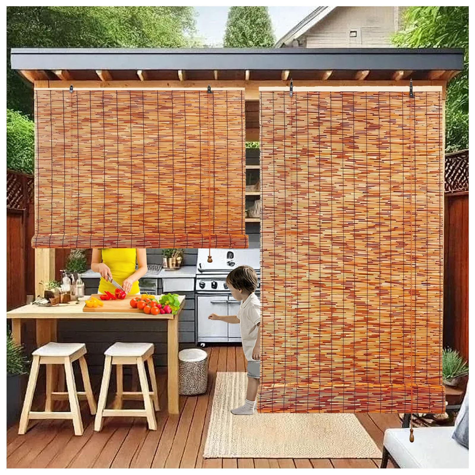 Store Bambou Extérieur Store Enrouleur Roseau Naturel Imperméables Intimité 70% D'occultation Interieur Store Enrouleur Bambou pour Tonnelle Terrasse Véranda Jardins(W31xH87IN(80x220CM))