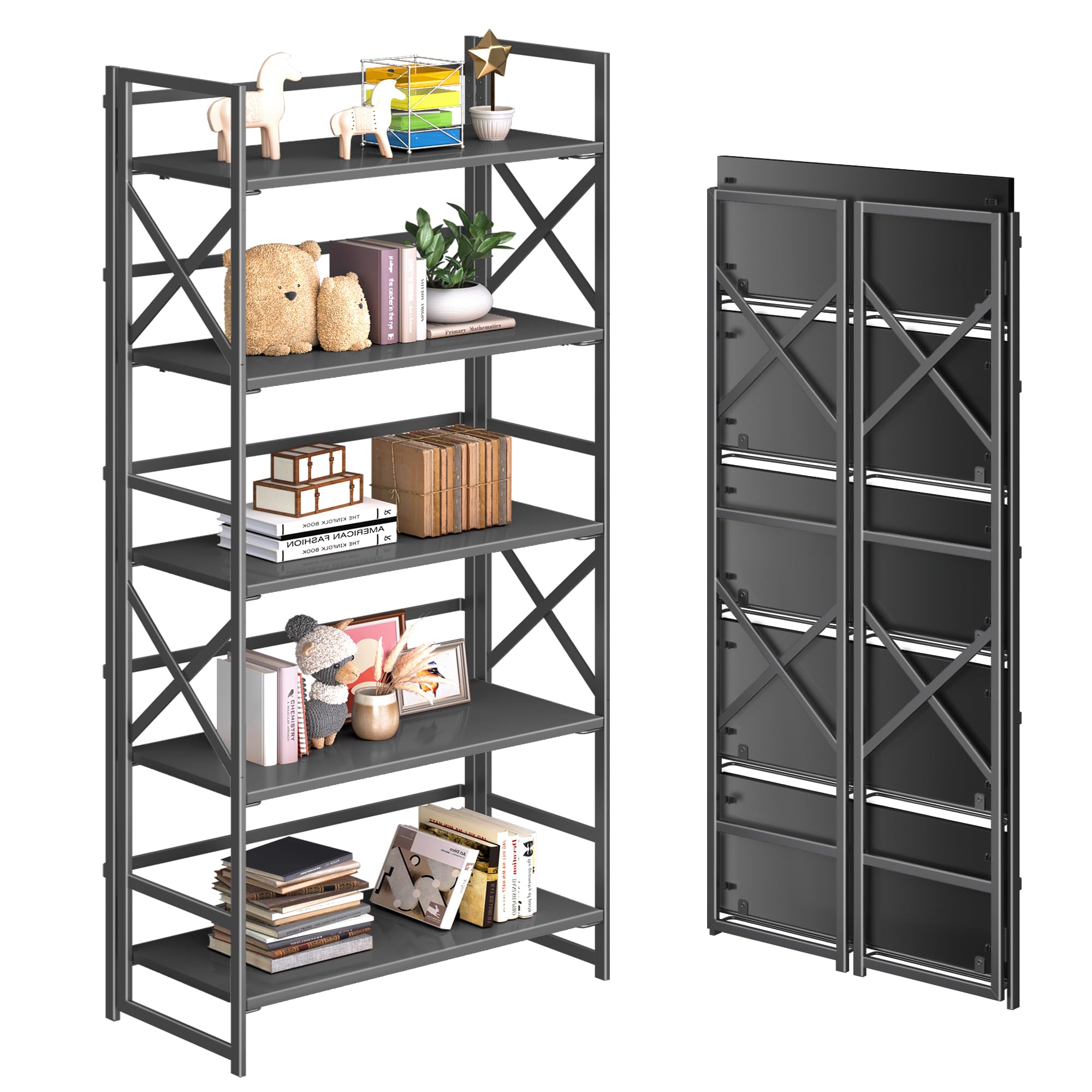 Industrial Folding Bookshelf with Five Tiers