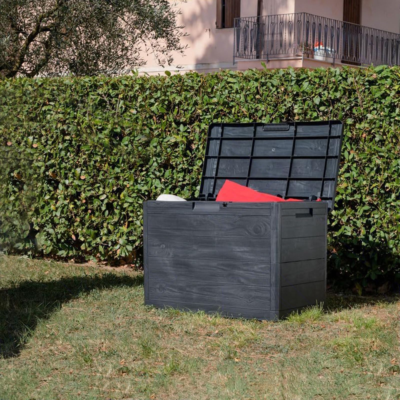 Sicignano Casalinghi Baule Multiuso Grande Portaoggetti Woody’s 160 Litri, Plastica Effetto Legno Dark Antracite – Adatto per Esterni Interni, Idoneo per Lucchetto, Facile da Montare, Made in Italy