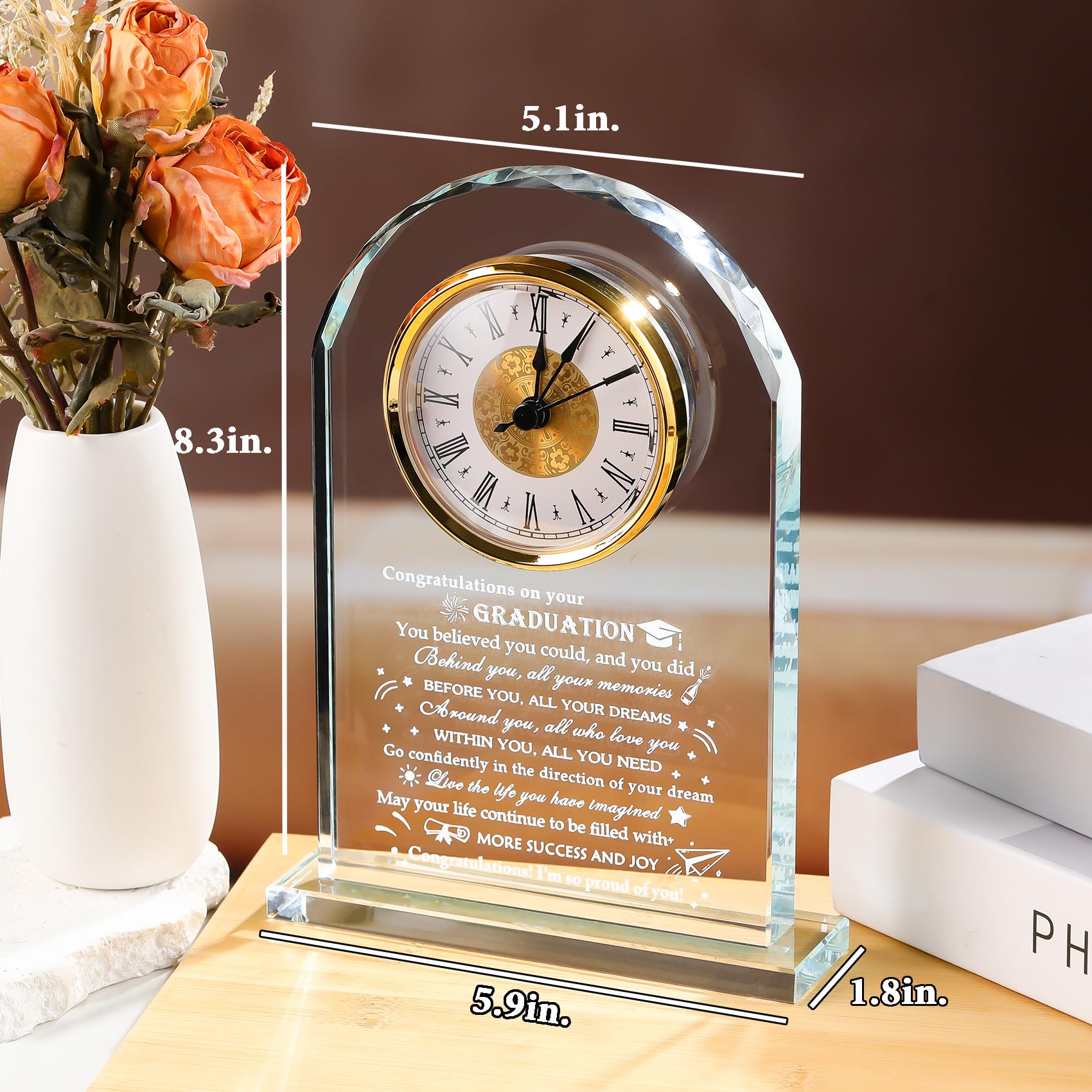 YWHL Kristallglasuhr, Geschenk zum Schulabschluss, Geschenk für Damen und Herren, Glückwunsch, Master-Abschluss, Geschenk für Tochter, Sohn, Freunde, Studenten