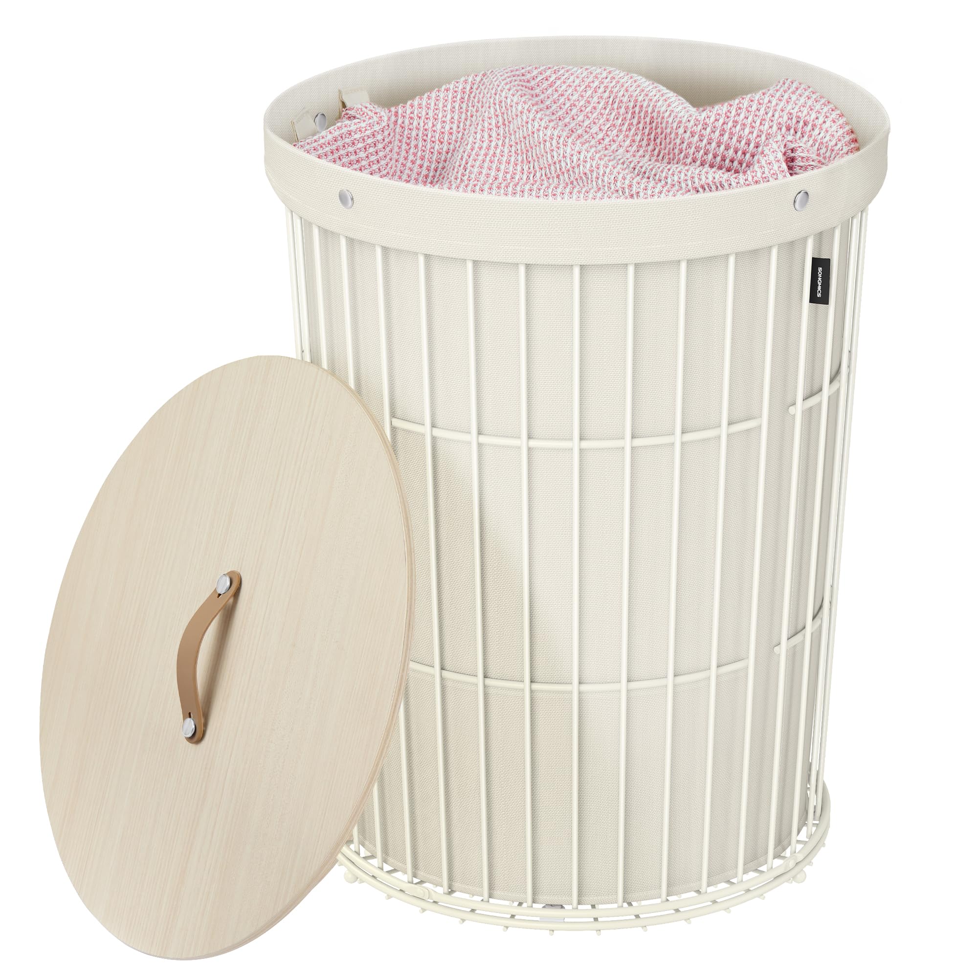 SONGMICS Laundry Hamper with Lid, Round Laundry Basket, 25 Gallons (95 L), Versatile, Removable Fabric Liner, Large Capacity, for Laundry Room, Bedroom, Living Room, Cream White ULCB160W01