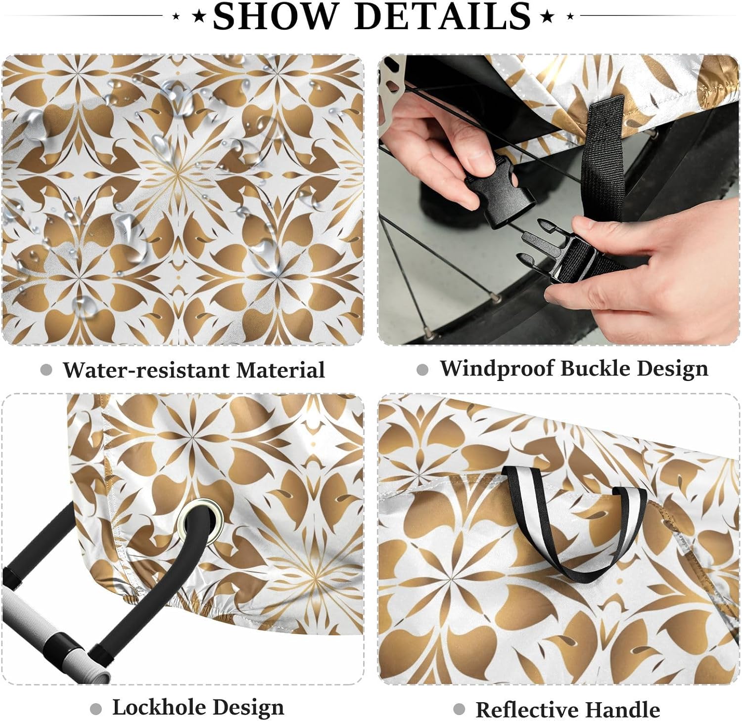 ALAZA Gold Geometric Flower Floral Bike Cover Waterproof Outdoor Ebike Bicycle Covers Tarp Protection for 1/2 Bikes, Sun UV Dust Wind Proof