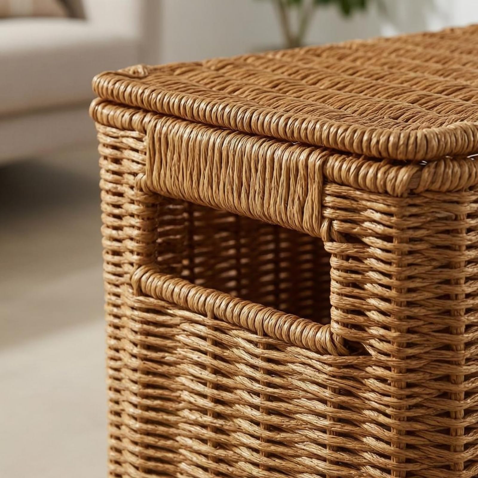 Contenant de Rangement d'Angle Panier Porte-revues Tressage Imitation Rotin Structure Métal Renforcé avec Couvercle et Poignées Adapté pour Salon, 48cm X 18cm X 33cm, Grand Noyer
