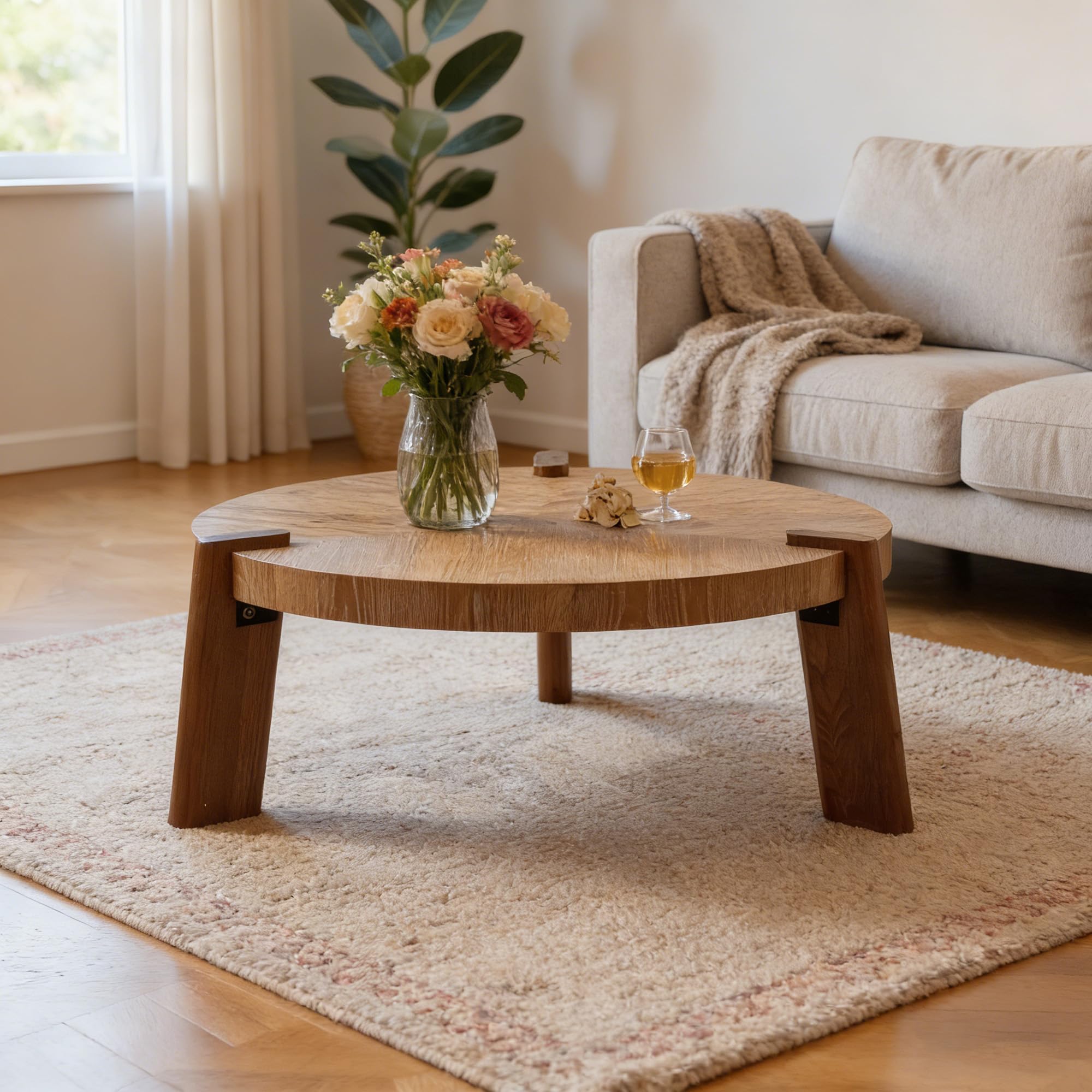 36-inch Wood Coffee Tables for Living Room, Round Rustic Brown Coffee Table, Solid Wood Center Table for Modern Farmhouse Decor (Dark Brown Coffee