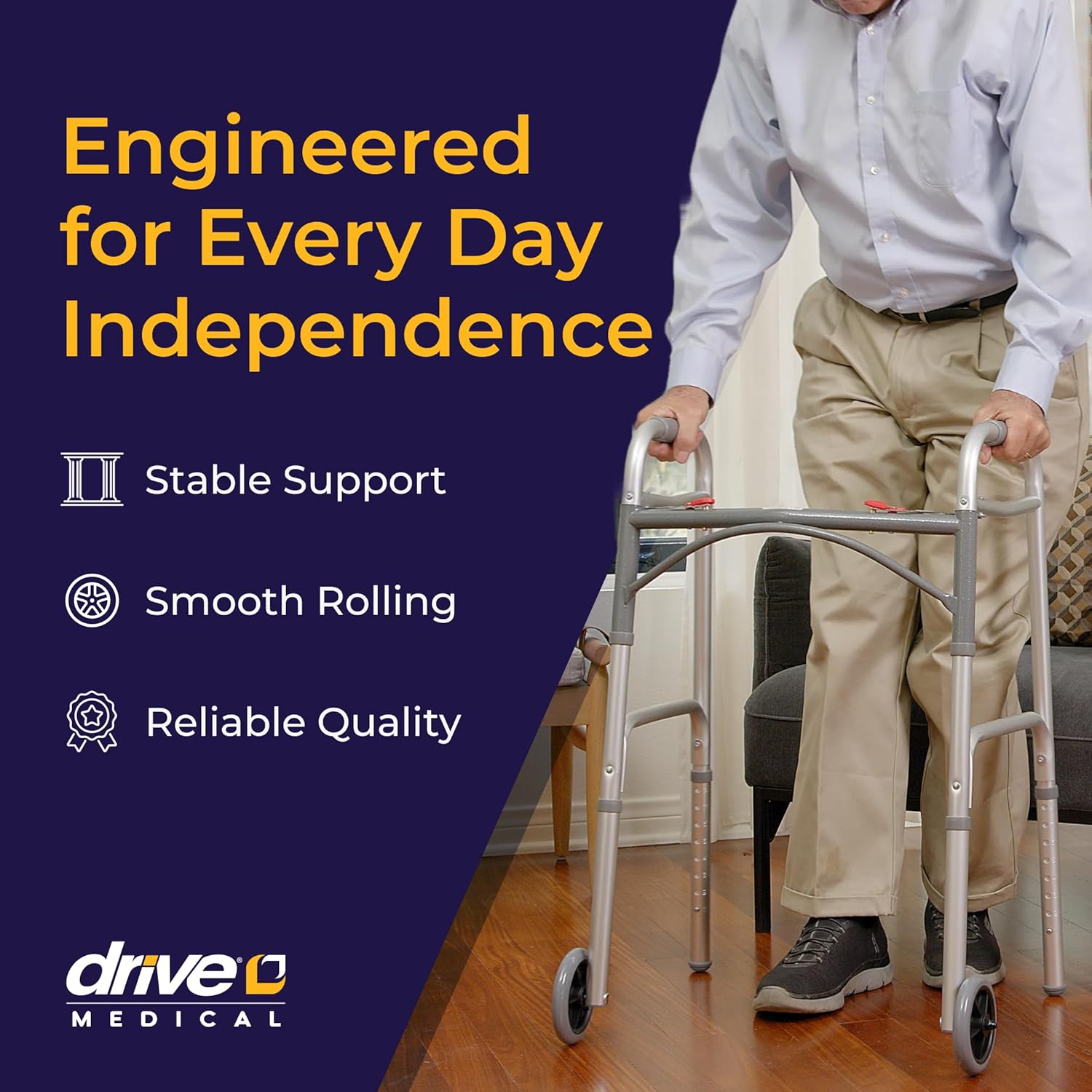 Drive Medical Two-Button Folding Walker w/ Wheels - Lightweight Rolling Mobility Support - Desk Arms - Adjustable Height - Dual Push Operation - 5 Inch Front Wheels - Durable Aluminum - Silver 2-Button Walker