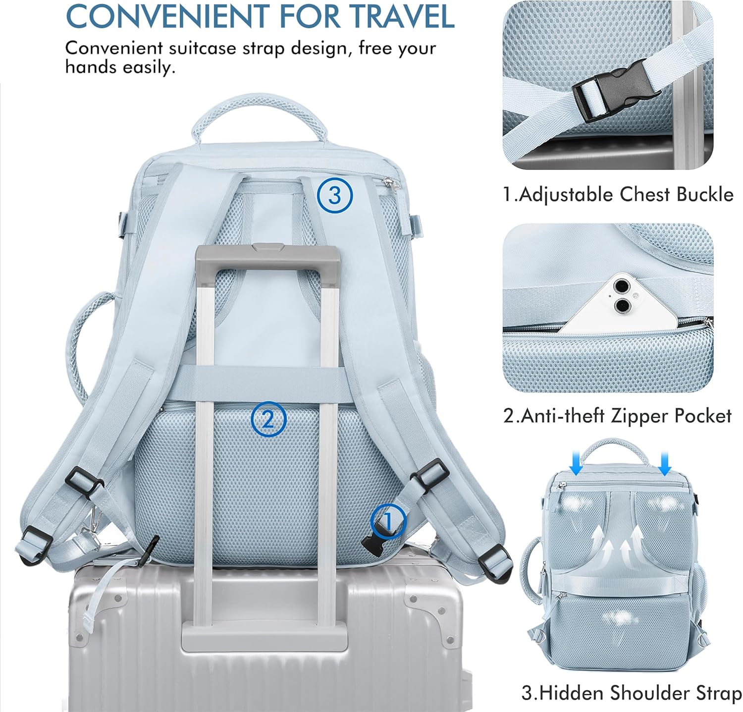Beraliy Travel Backpack for Women Men, Carry On Backpack, 16 inch Laptop Backpack, Waterproof Casual College Daypack for Weekender Overnight Hiking, Light Blue