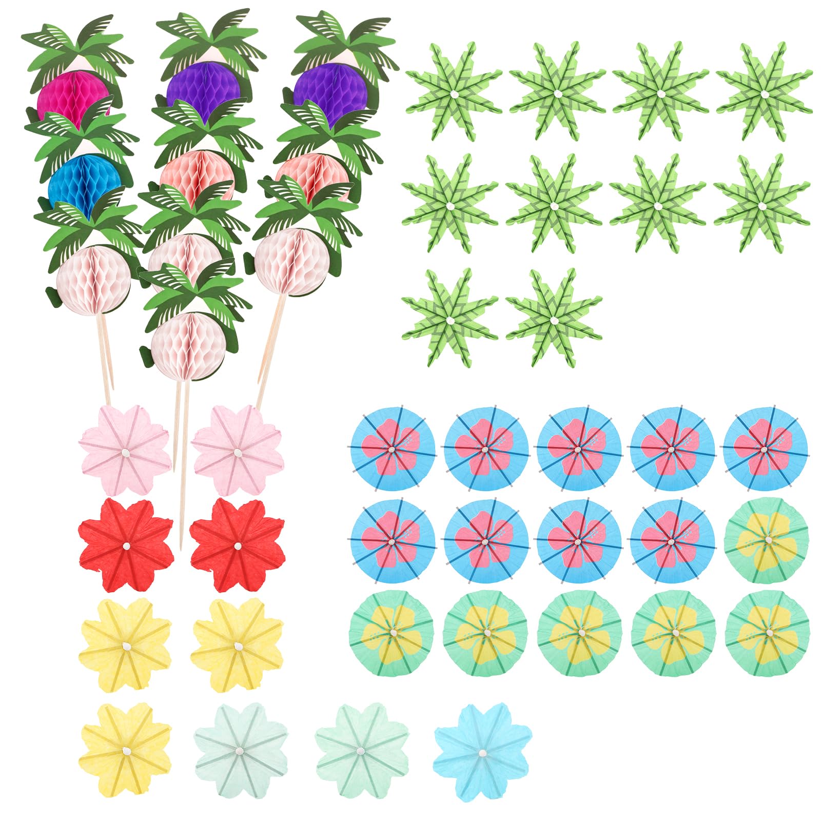 Norbiariz 50pcs Hawaiian Tropical Cocktail Picks Set Palm Tree Honeycomb Toppers Flower Drink Picks Paper Cocktail Umbrella Picks for Luau BBQ Pool Summer Party Drink Cupcake Fruit Decorations