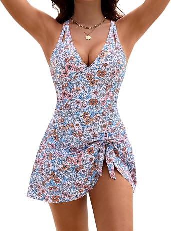 BMJL One Piece Swimsuit Women Tummy Control Modest Full Coverage Bathing Suit Retro Laser Cut Out Slimming Swim Dress