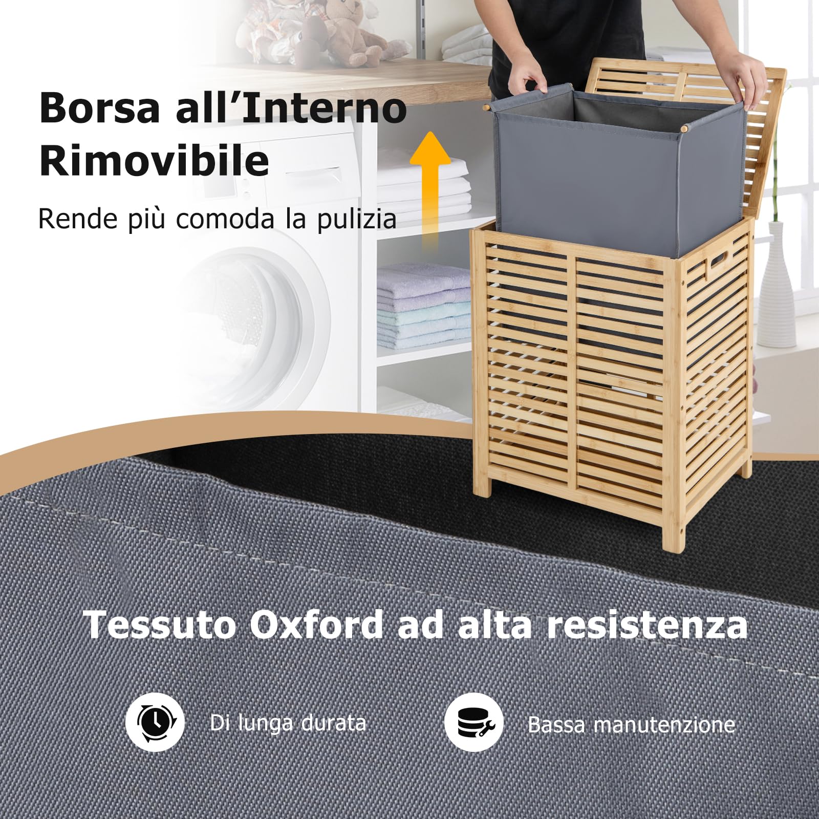 GYMAX Cesta Portabiancheria con Coperchio, 80 L Porta Biancheria in Bambù con Manici e Borsa Rimovibile, per Camera, Bagno, Dormitorio e Lavanderia, 50 x 35 x 62 cm