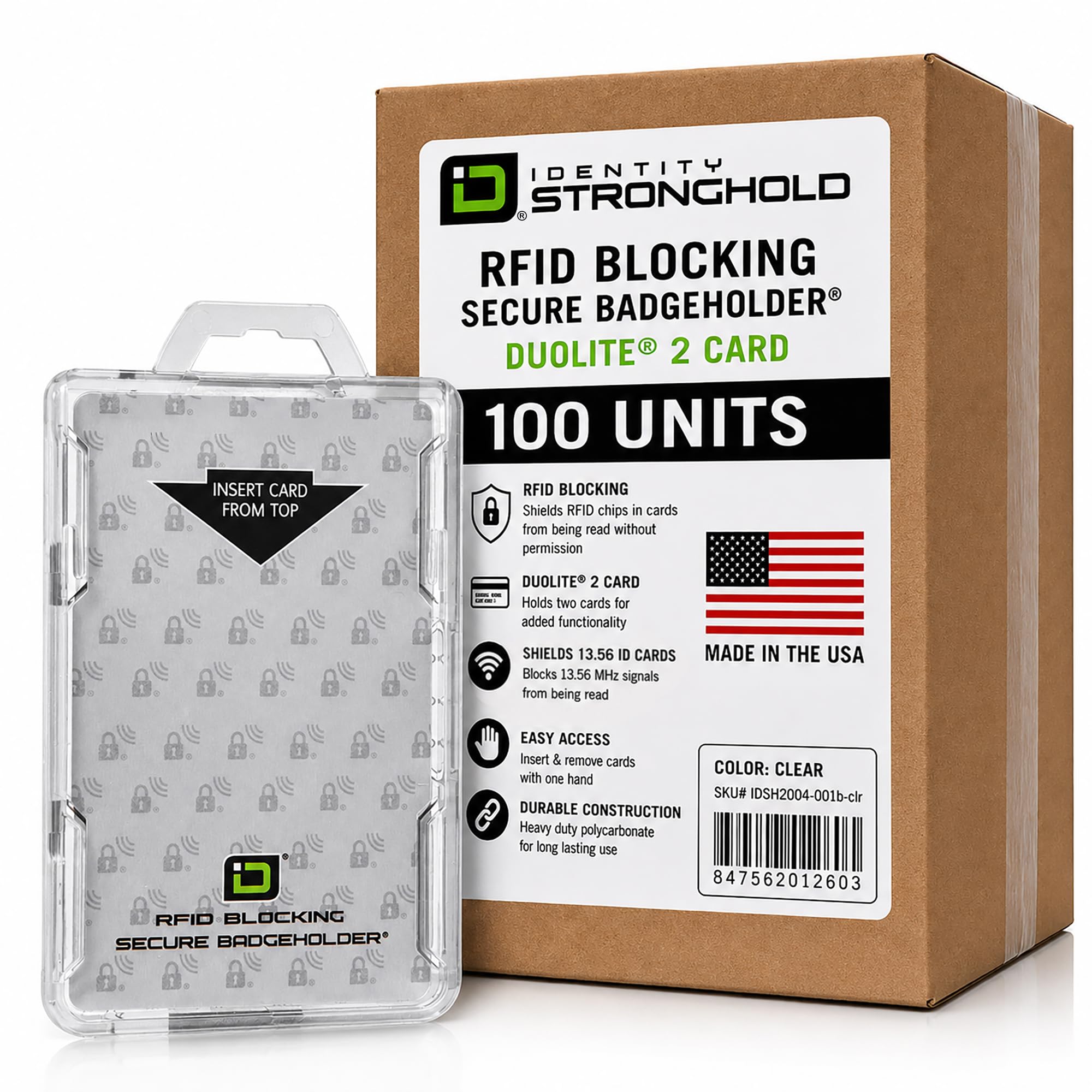ID Stronghold Duolite Ausweishalter für 2 Ausweise, RFID-blockierend, Polycarbonat, robuster Hartplastik-Ausweishalter, geformt und montiert in den USA (transparent, 100)