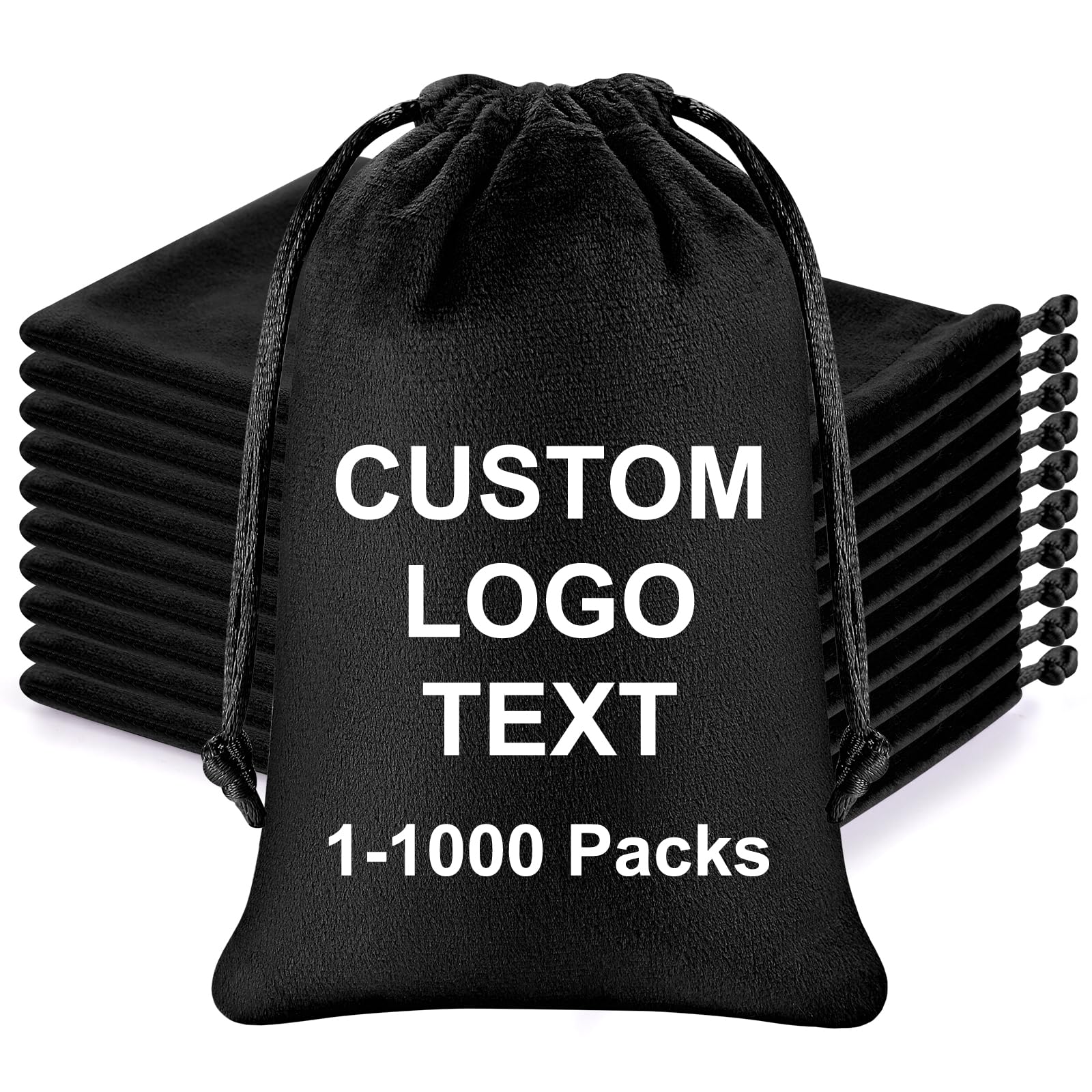 150 Pack Personalised Velvet Drawstring Gift Bags with Logo - Bulk Custom Pouches for Jewellery, Wedding Favours & Christmas, Black