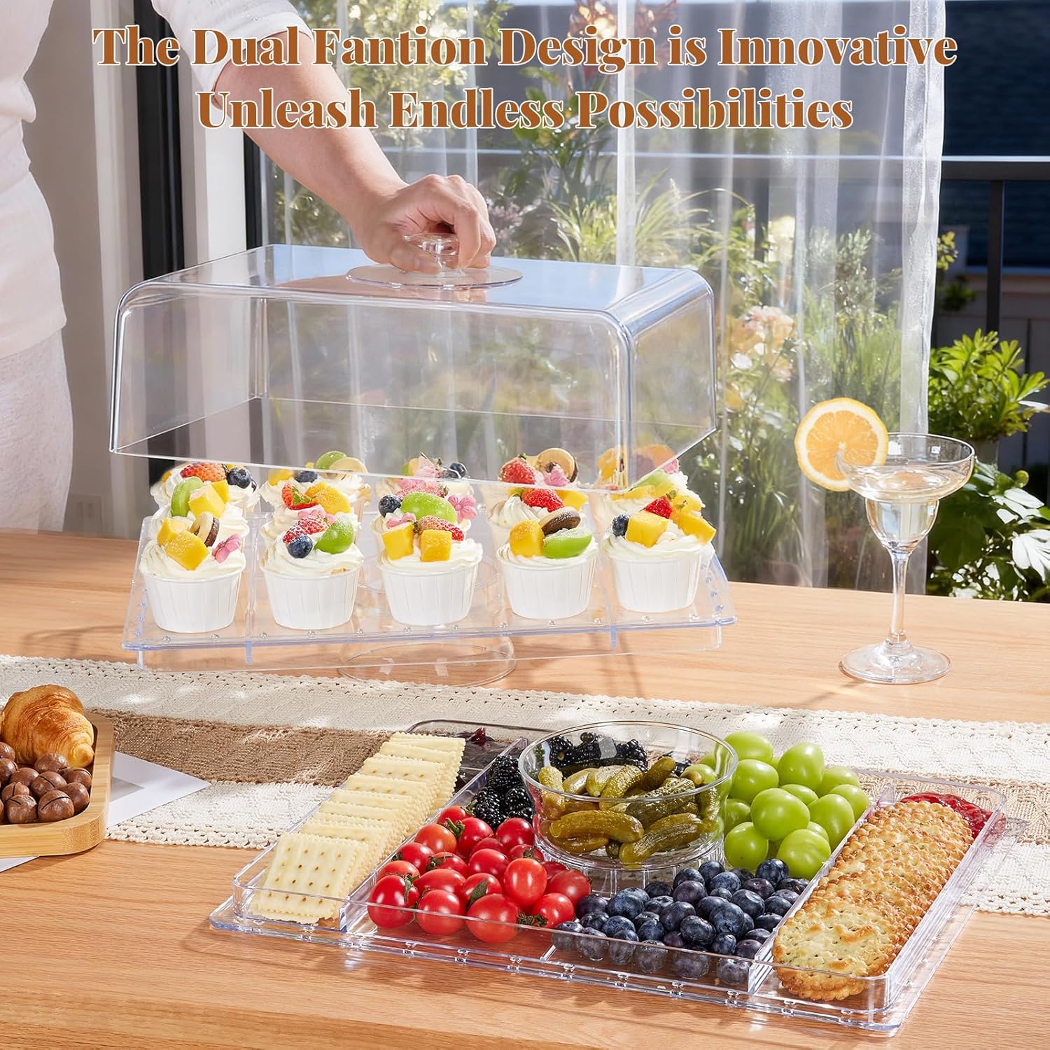 Cake Stand with Lid-Extra Large 17" Rectangular Cake Holder,8-in-1 Multi-Functional Dessert Table Display Set & Charcuterie Board,Acrylic Cake Plate Dome Cover for Weddings/Cheese/Veggie/Chips & Dip - Image 7