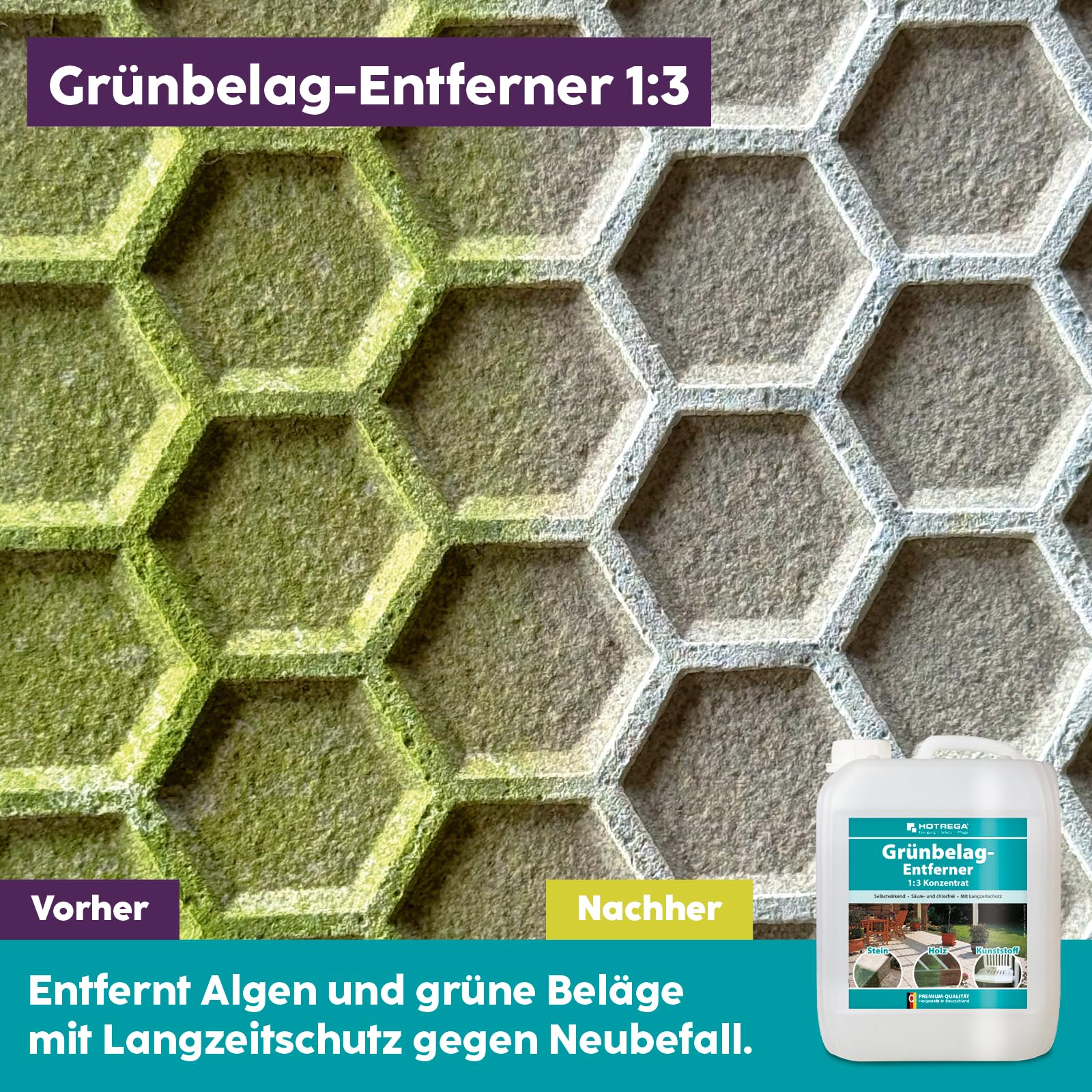 HOTREGA Grünbelagentferner 1:3 Konzentrat 5L | Sichtbare Wirkung nach 24h | Entfernt Grünbelag, Algen auf Pflasterstein, Fassade, Holz | Sehr ergiebig