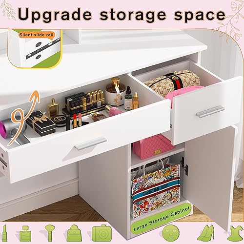 Miniatura 21 de Greenvelly Escritorio de maquillaje blanco con espejo, maquillaje de madera con 3 modos de iluminación, 2 cajones espaciosos y 6 compartimentos de