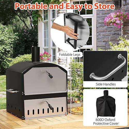 Miniatura 7 de Horno de pizza al aire libre, horno de pizza de leña de 2 capas con piedra para pizza de 16 pulgadas, olla de pizza portátil con patas plegables y