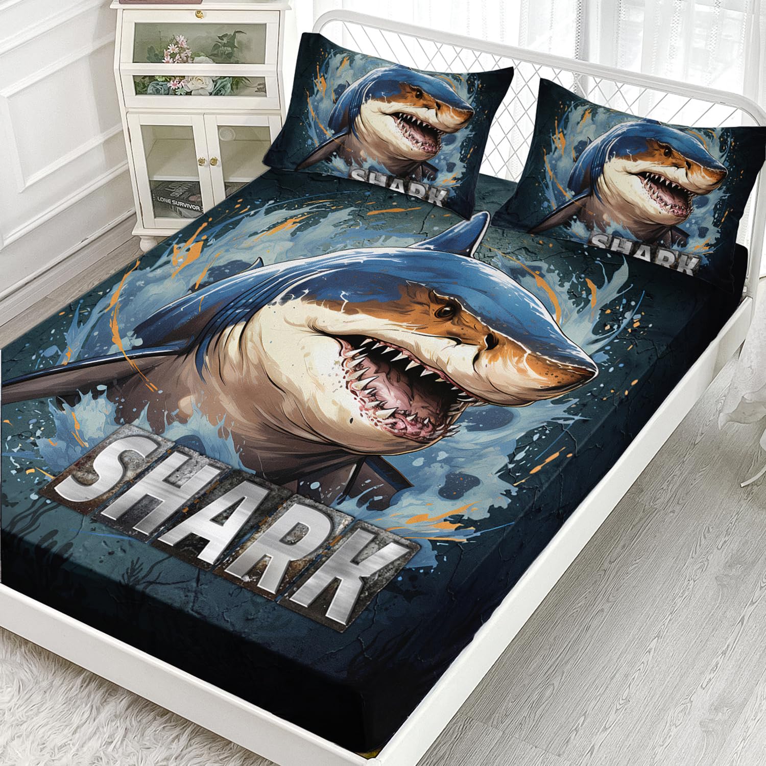 AILONEN Cartoon Shark Fitted Sheet Set,Shark Bedding Queen Boys Sheet Set,Ocean Sea Animal Print Bed Sheet Set 3 Pieces, 1 Fitted Sheet and 2 Pillowcases