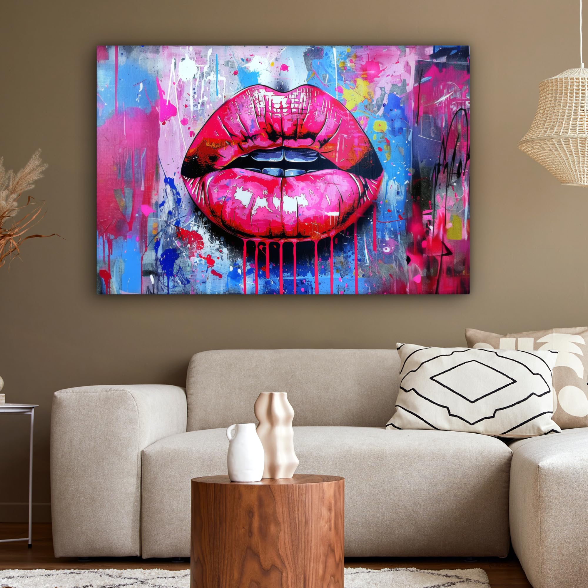 MuchoWow© Impression sur Toile Decoration Murale Peinture 120x80 cm Tableaux Art Décoratif Muraux Décoration Chambre Graffiti - Lèvres - Rose Vif - Peint