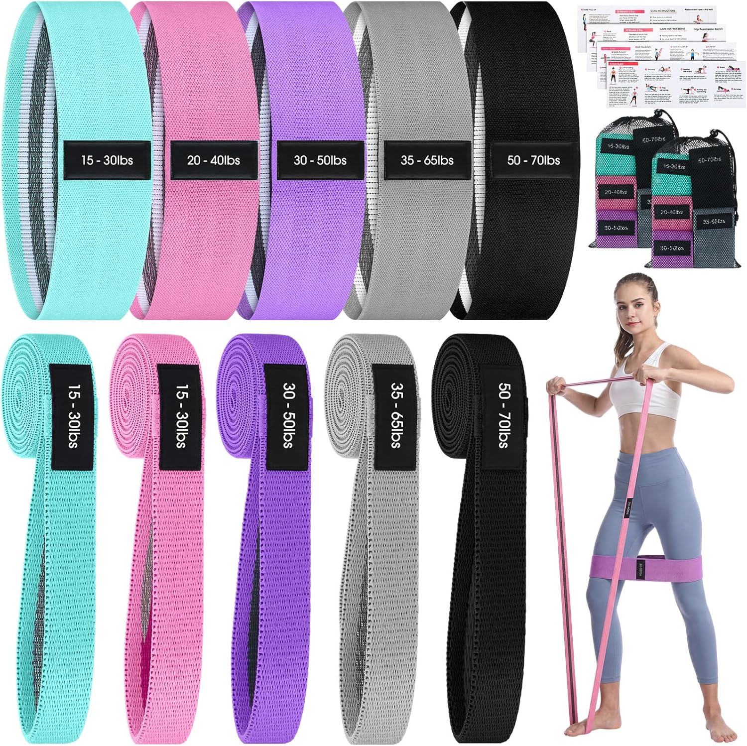 10 Pcs Fabric Resistance Bands for Working Out, 5 Levels Elastic Non-Slip Exercise Bands with Guide for Women and Men Legs and Glutes - for Home, Gym, Yoga, Pilates, Stretching