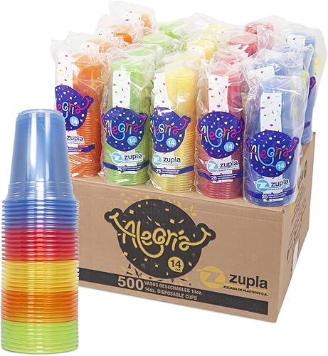 500 unidades  14 onzas Vasos desechables de plástico de colores  Vasos fríos para fiestas. Colores surtidos (rojo, azul, verde, amarillo y naranja).