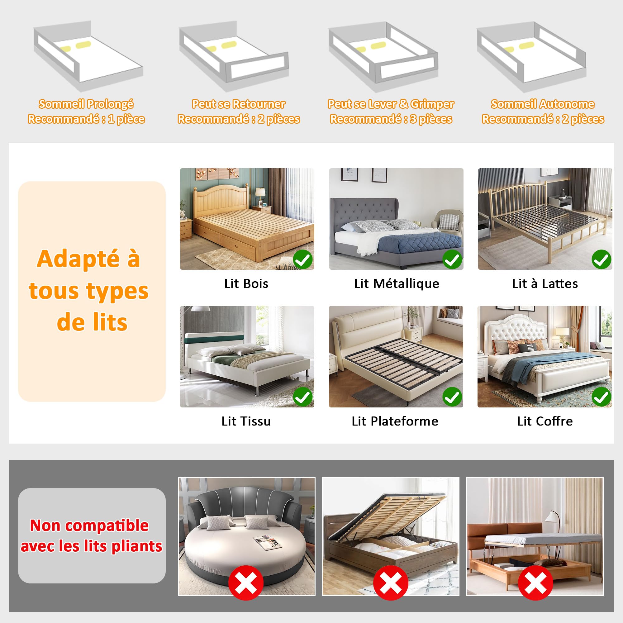 Barrière de lit enfant pliable 140cm sécurité avec élévation verticale double verrouillage