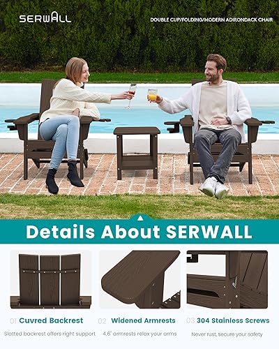Miniatura 4 de SERWALL Juego de 2 sillas Adirondack modernas, silla Adirondack plegable con portavasos, sillas de HDPE para hoguera al aire libre para patio,