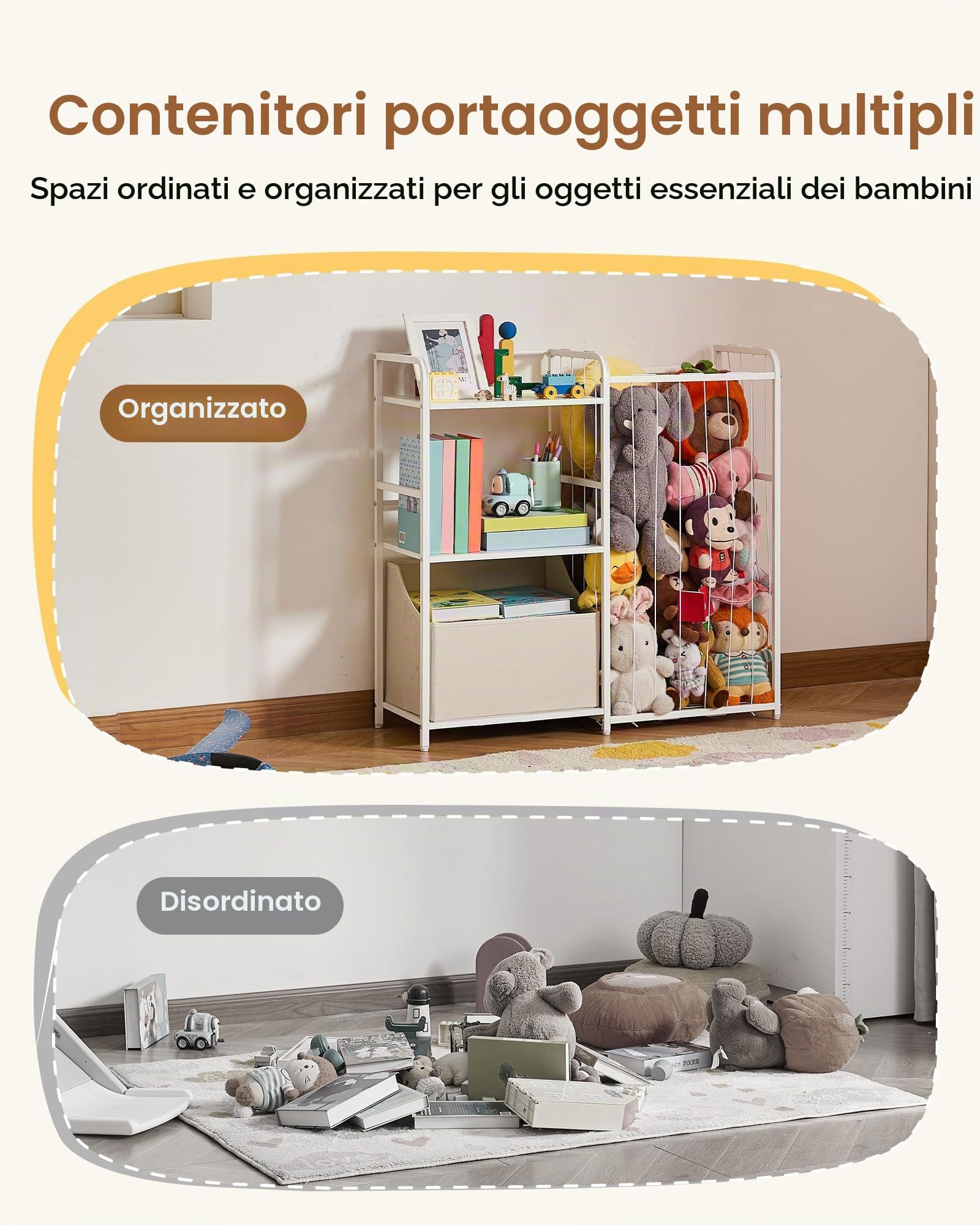VEVOR Organizer per Giocattoli Peluche, Libreria per Bambini a 2 Livelli, Mobiletto Portaoggetti con Baule per Giochi in Tessuto, per Camere da Letto, Sale Giochi, Asili Nido, Scuole Materne, Bianco
