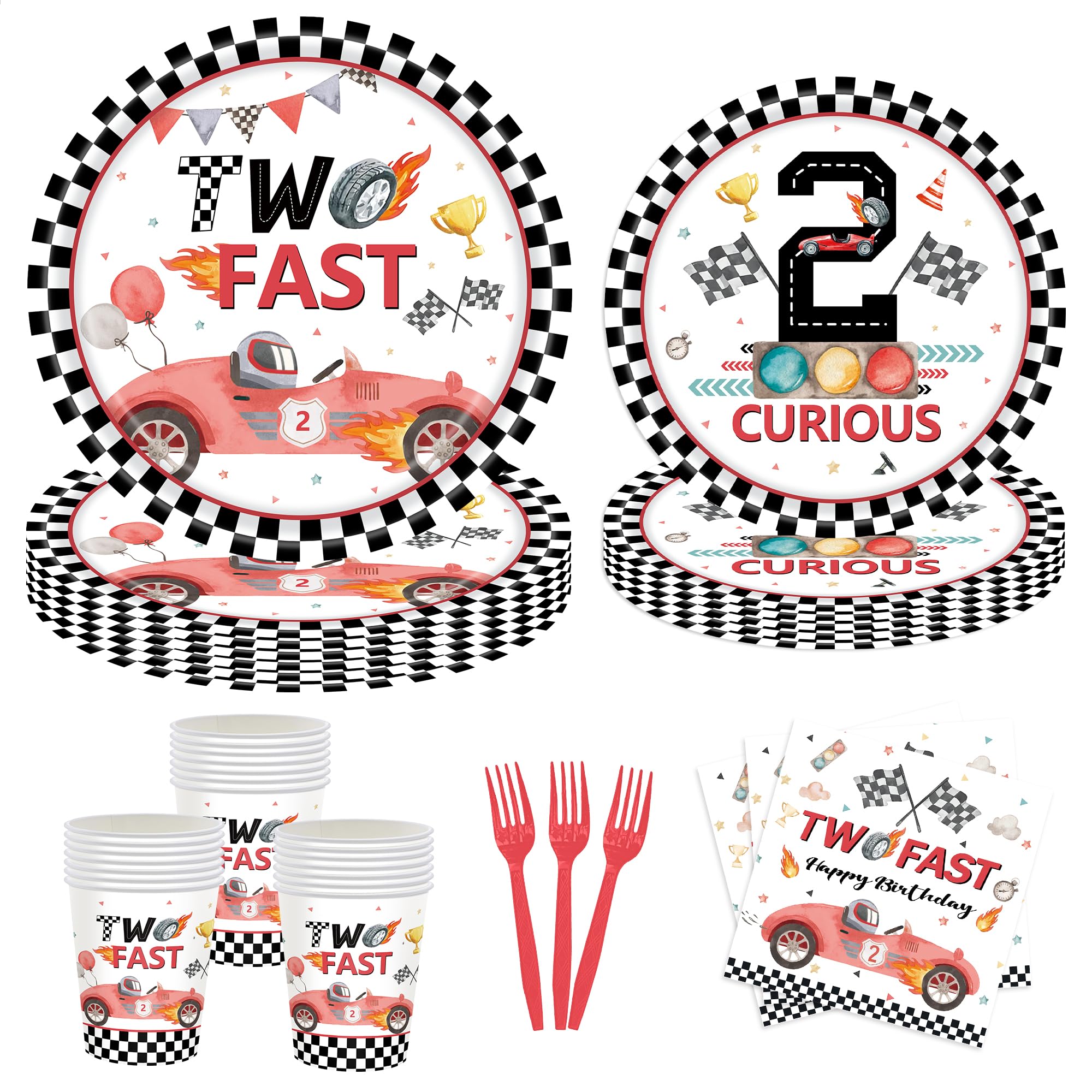 AXWATDEI Race Car 2nd Birthday Party Decorations Tableware - Red Two Fast Birthday Party Supplies, Paper Plates, Cups, Napkins, Forks, Straws for 2