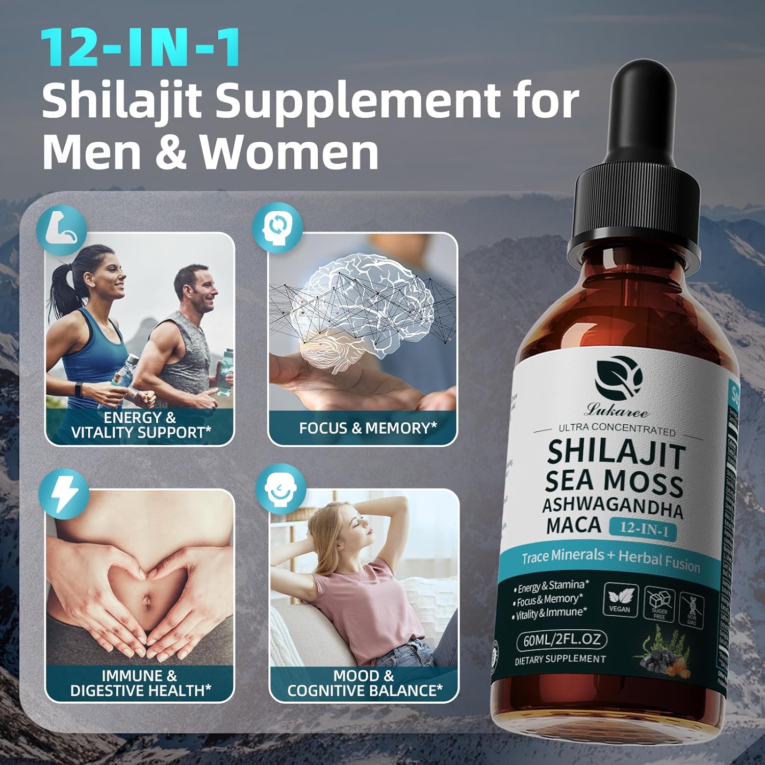 Shilajit Liquid Drops, 12-in-1 Complex - Sea Moss, Ashwagandha, Maca, Fulvic Acid, Trace Minerals, Liquid Vitamins Supplement for Men and Women, Energy, Antioxidant, Immune Support, 60ML/2 FL Oz - Image 2