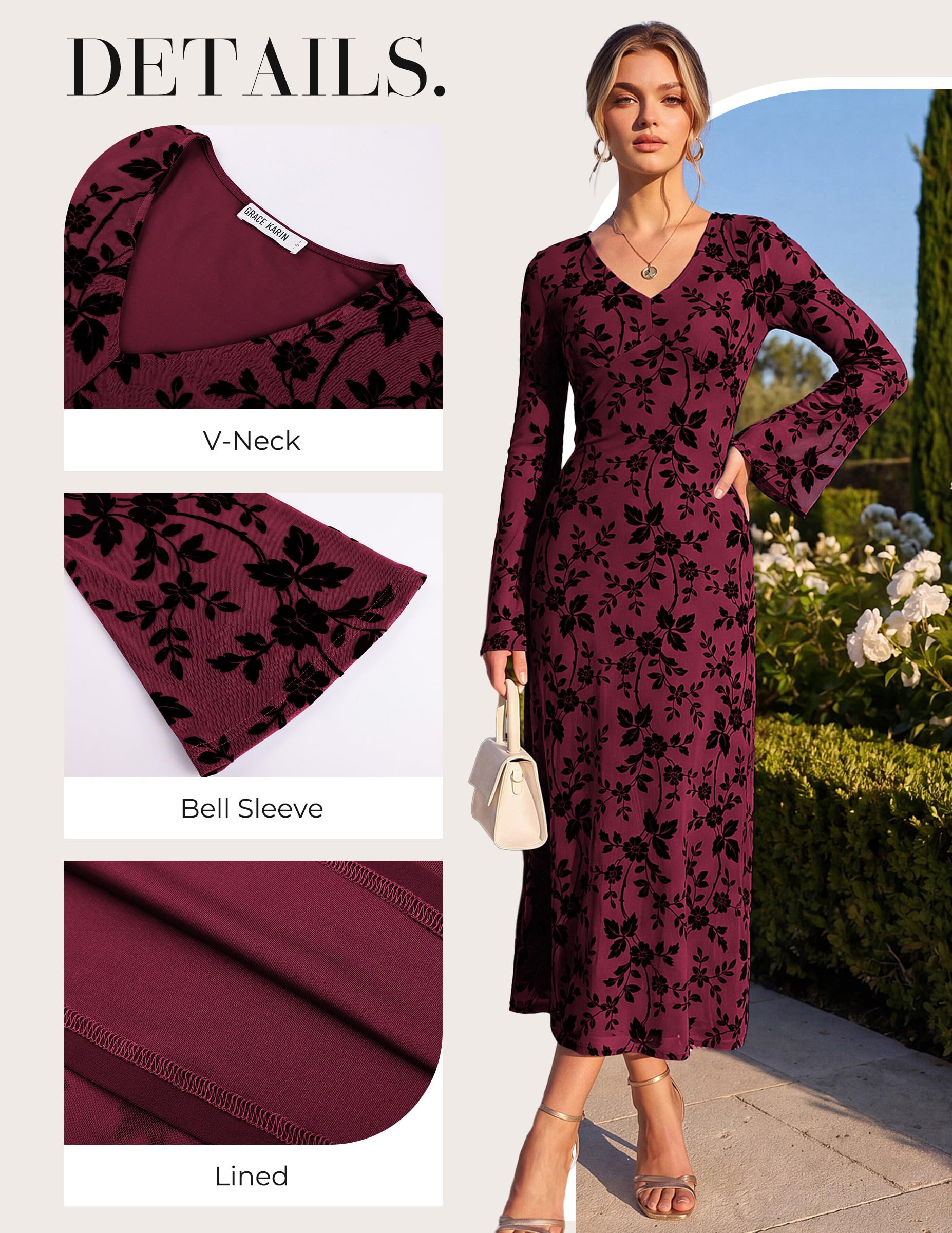 GRACE KARIN Damen Langarm Maxikleid V-Ausschnitt A-Linien Abendkleid