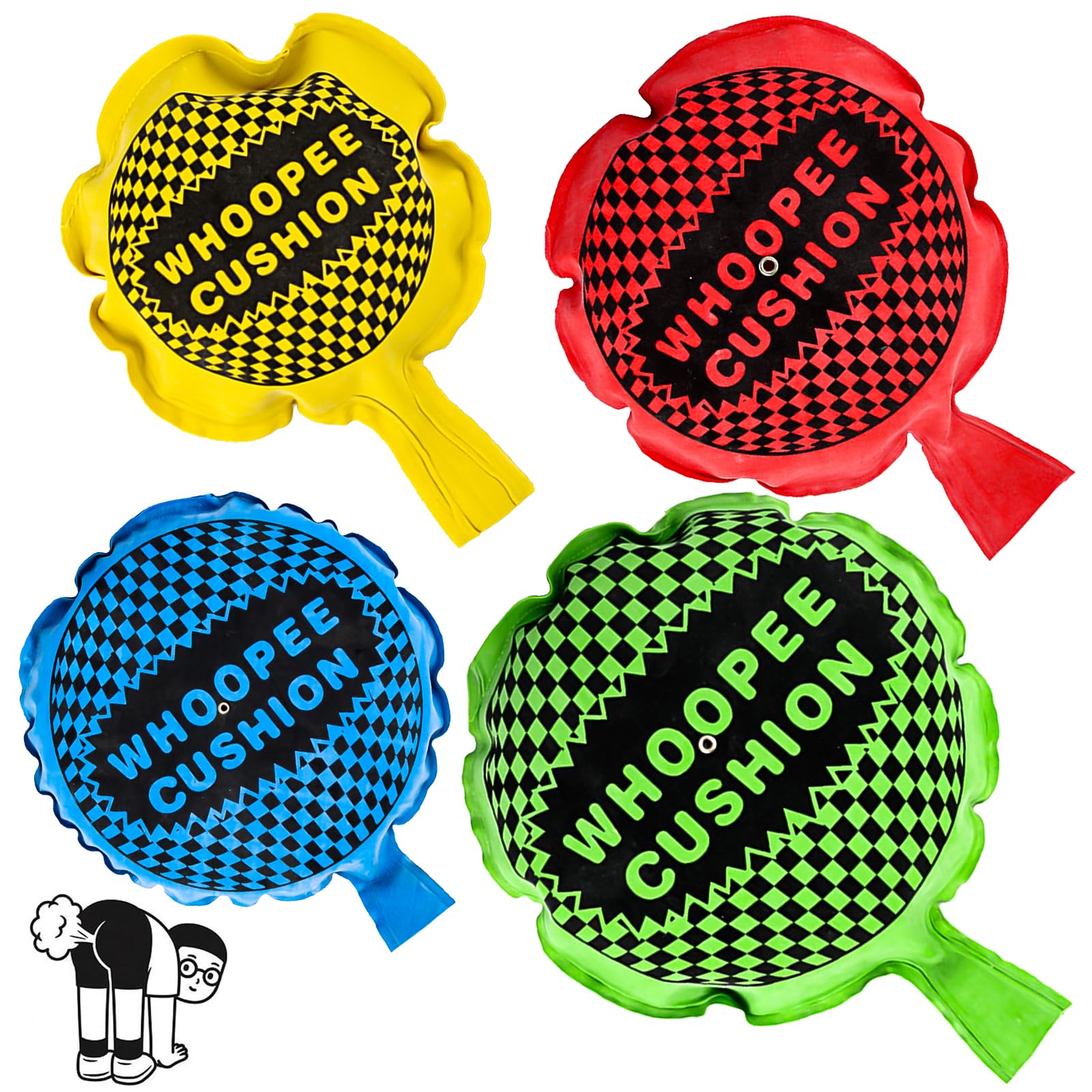 4 Pezzi Cuscino Scorreggione Cojín pedos,Autogonfiante Whoopee Cuscino,Cuscino per Scoregge,Adatto Bambini Adulti per Scherzi Divertimento (Grande/Verde,Medio/Rosso,Piccolo/Giallo+Blu)