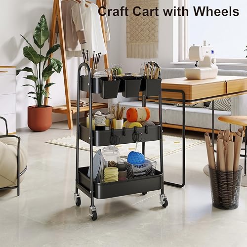 Miniatura 5 de Carrito de metal de 3 niveles con ruedas bloqueables, organizador de almacenamiento de tres niveles negro con ruedas para baño, cocina, lavandería,