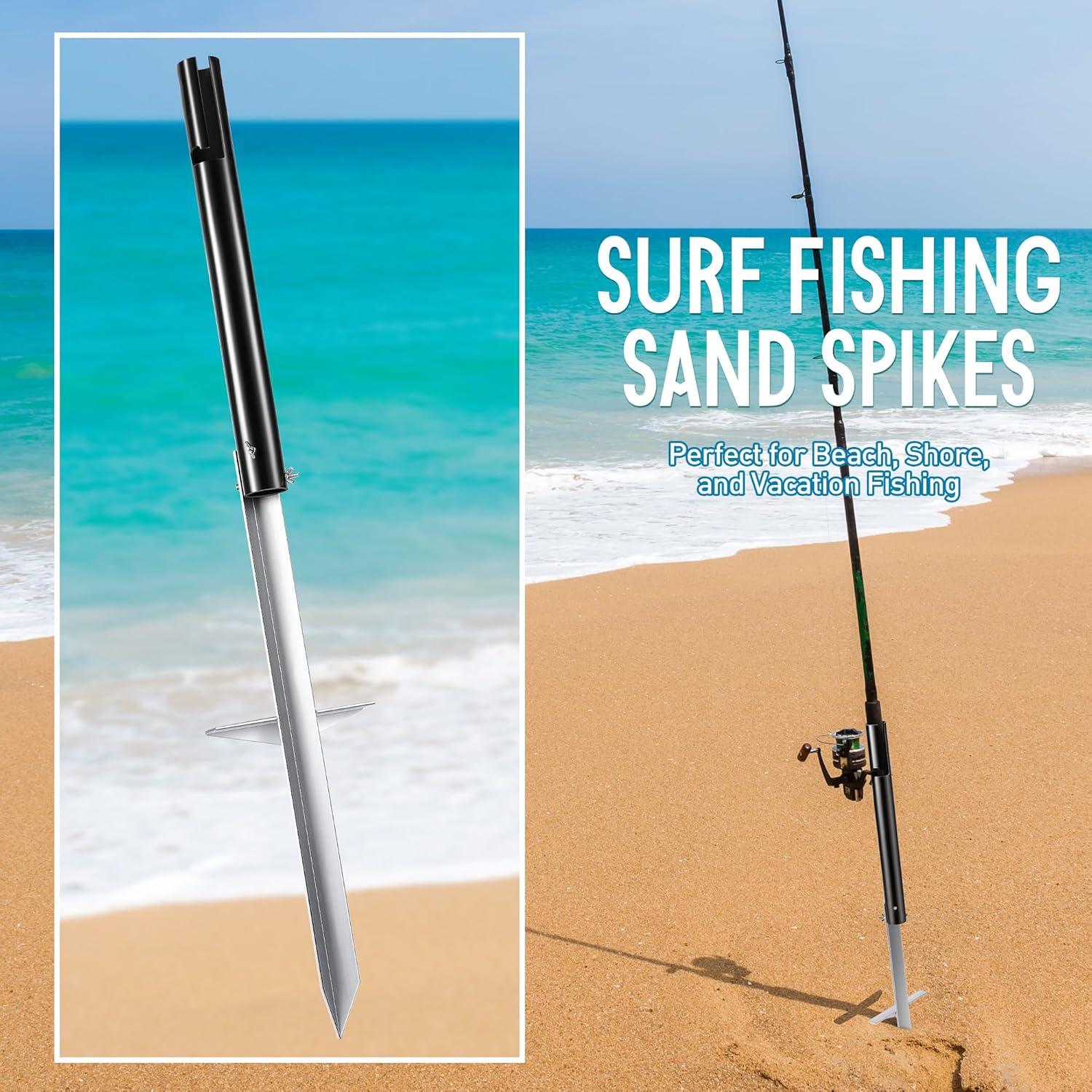Sand Spikes for Surf Fishing, Sand Spike Rod Holder, Surf Rod Holder with Alumina Sharp Tip and Welded Foot Plate for Stable Beach and Shoreline Support, Tool Free Assembly for Riverbank Fishing