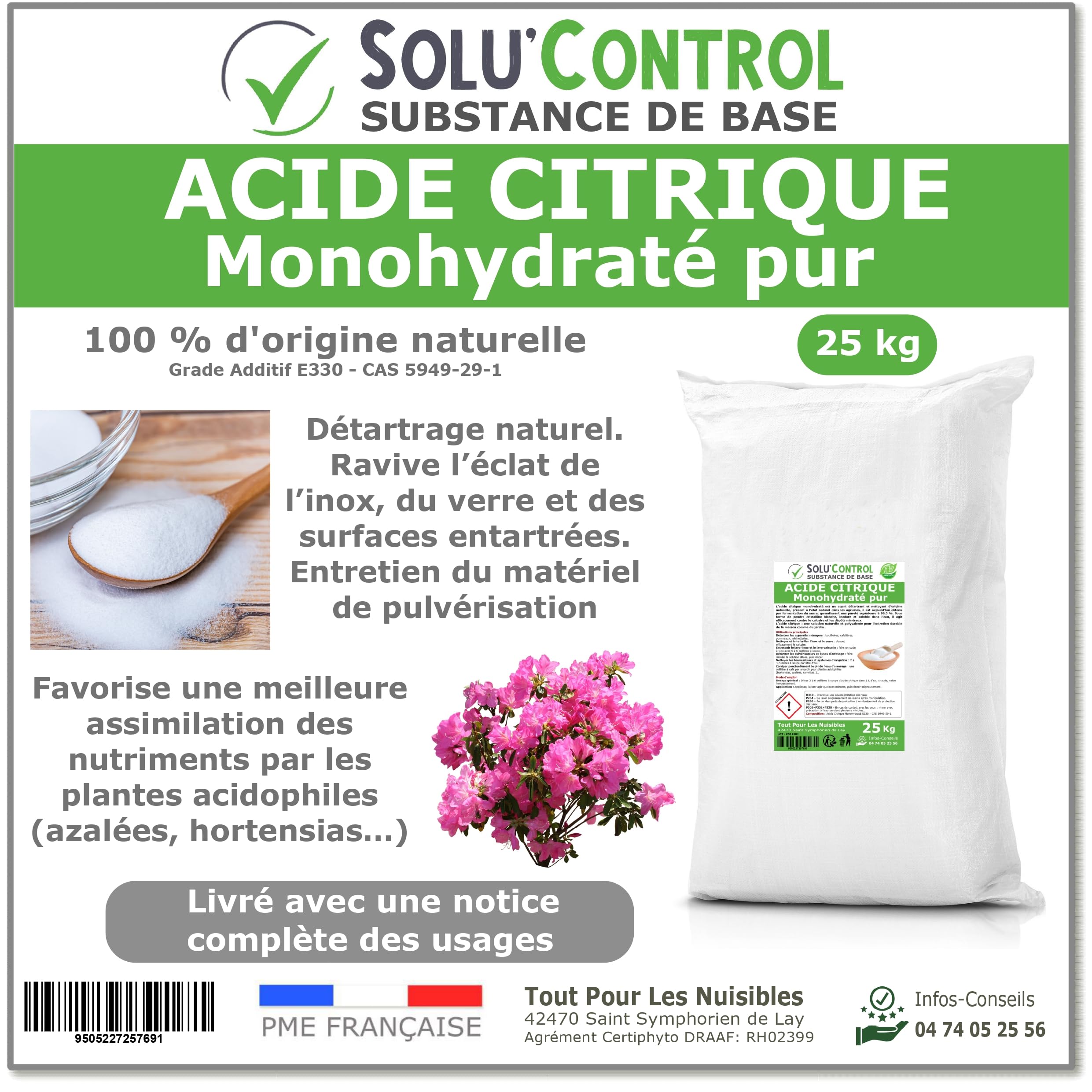 Acide citrique monohydraté pur - 100% d'origine naturel - Nettoyer, détartrer, raviver l'inox et corriger le pH - Sachet de 25kg