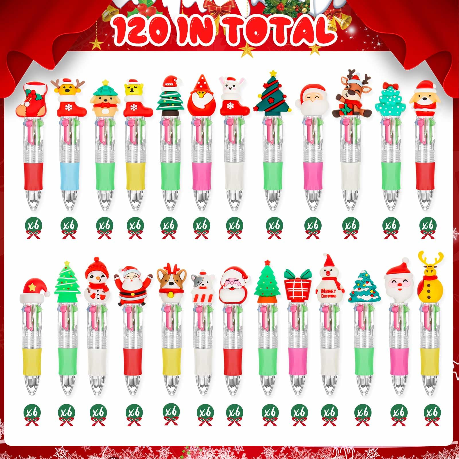 Kosiz 150 Pcs Christmas Fun Pen Bulk Mini Multicolor 4 in 1 Ballpoint Cute Retractable Pens for Winter — view 4
