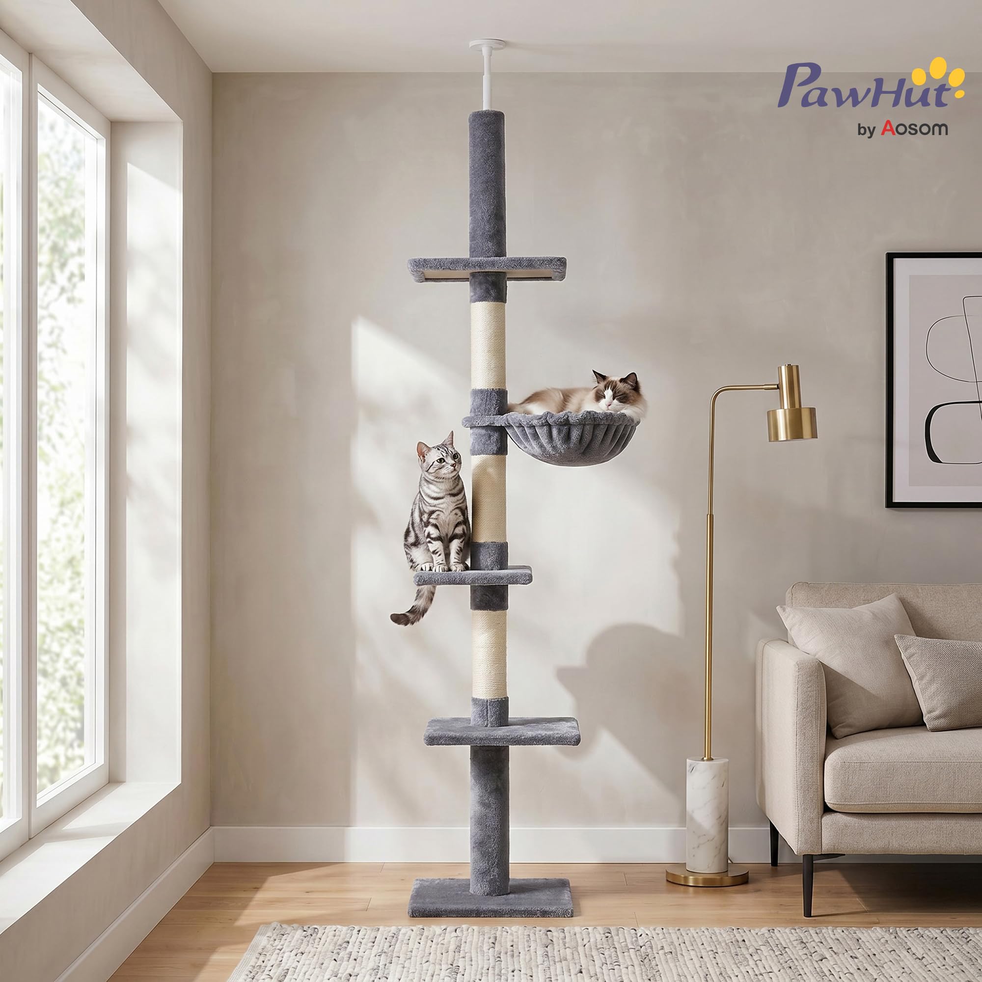 PawHut Drapak do sufitu z regulacją wysokości, stabilne drzewko dla kota z kolumnami sizalowymi, drzewko do wspinaczki dla kotów, szare, 40 x 34 x 230-260 cm
