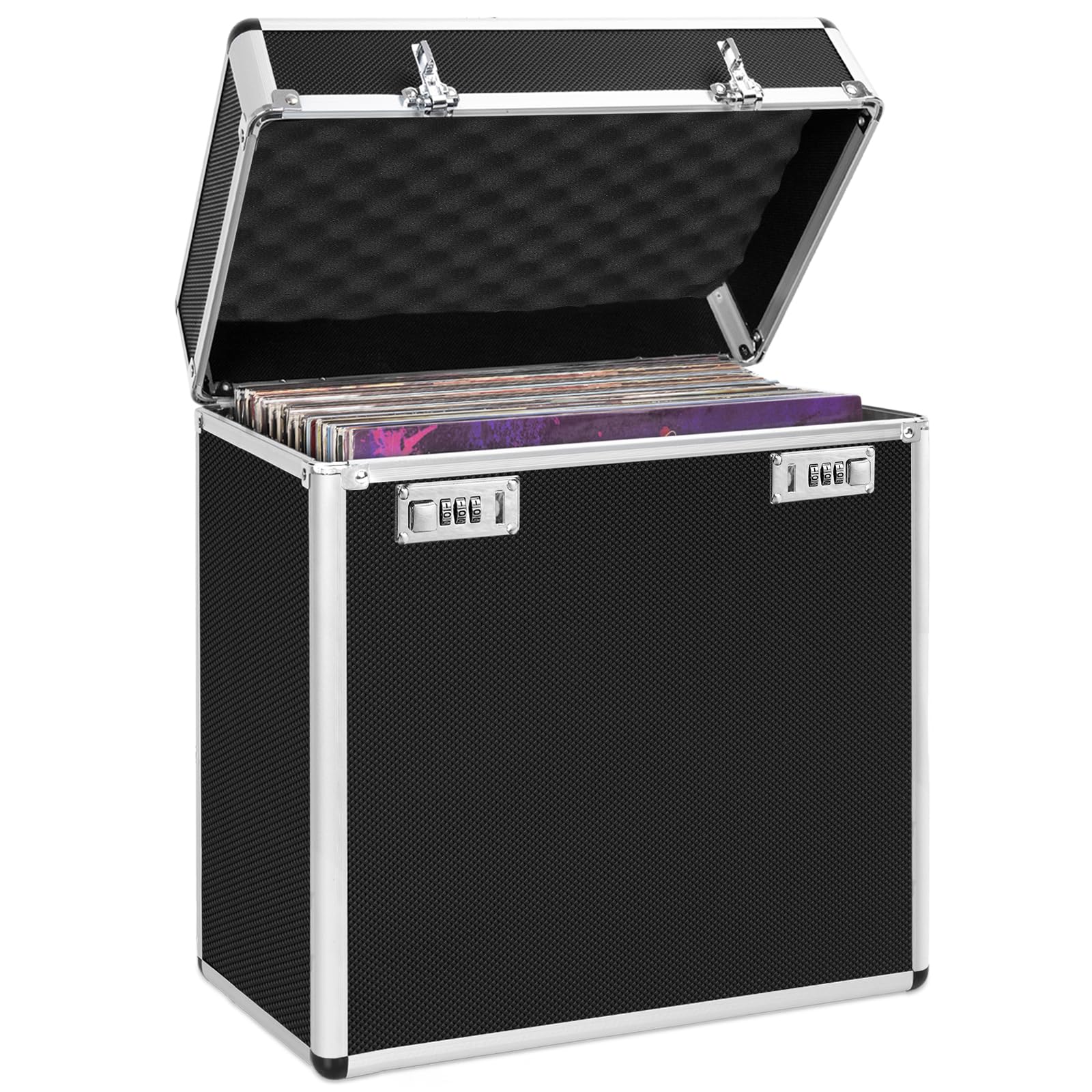OUUTMEE Custodia per dischi in vinile, capacità di memoria: circa 50 dischi, colore nero, design in lega di alluminio, Nero , Valigetta per vinili